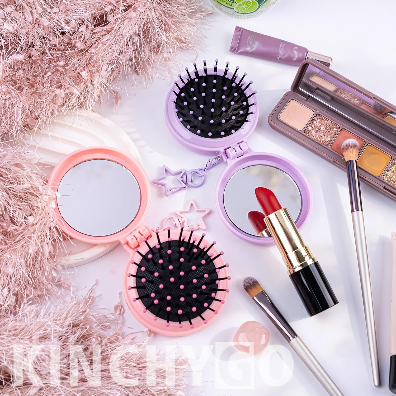 8 Pack Foldable Mirror Hair Brushes Mini Combs with Keychains image 3