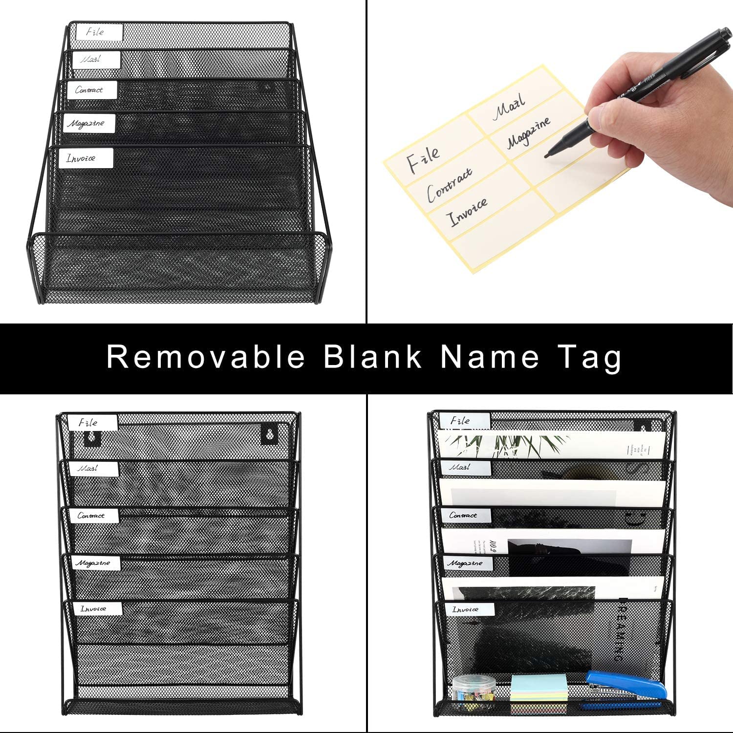 NETXE 5 Pockets Mesh Wall File Holder Organizer Office Hanging Magazine Rack, File Folder Organizer Document Paper Rack,Black 4