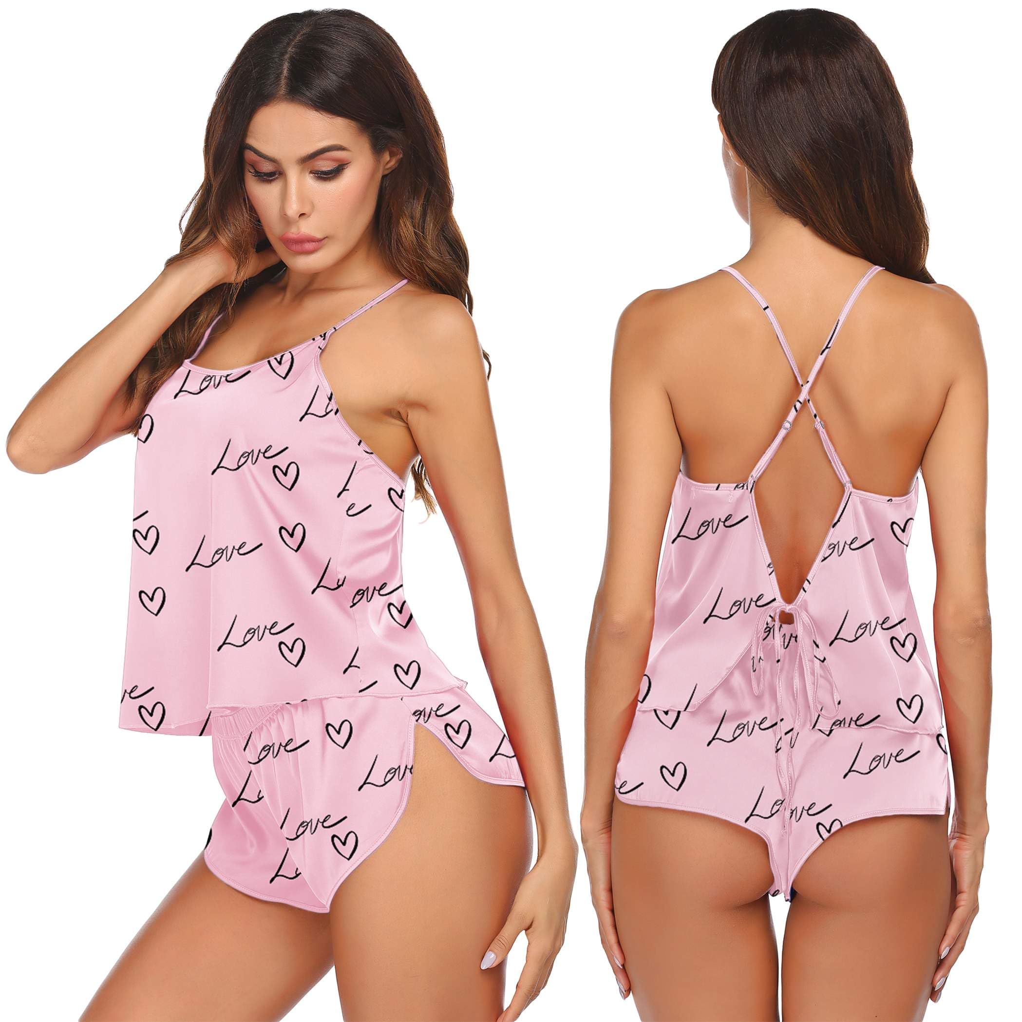 Ekouaer Silk Pajamas Set for Women Satin Backless Lingerie Pjs Cami Top and Shorts Nightwear