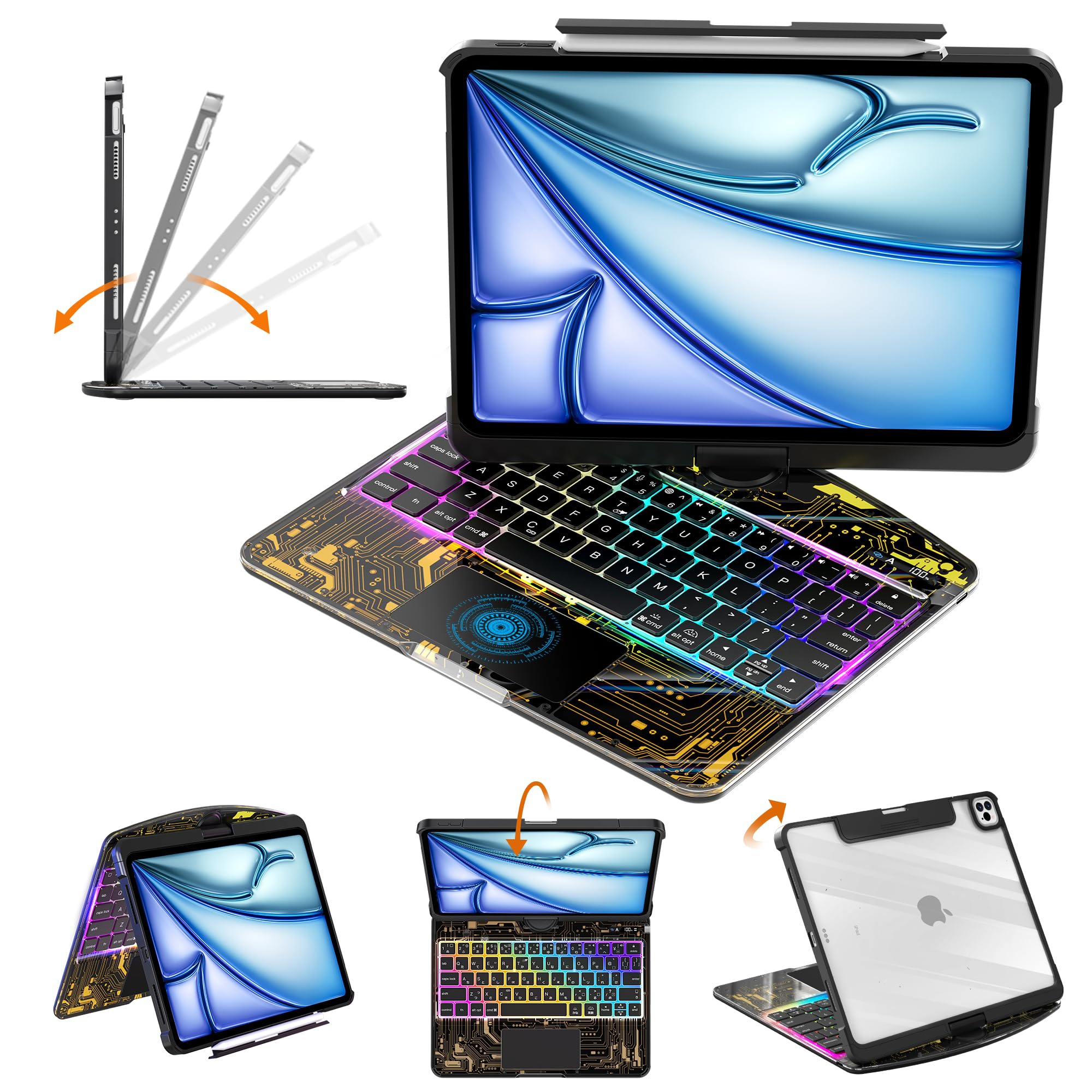 Clear Keyboard Case for iPad Air 11" (M3/M2, 2025/2024), Air 5th/4th &amp; Pro 11" 2022-2018, 360° Swivel with Wireless Bluetooth Multi-Touch Trackpad, 7-Color Backlit, Pencil Holder Black