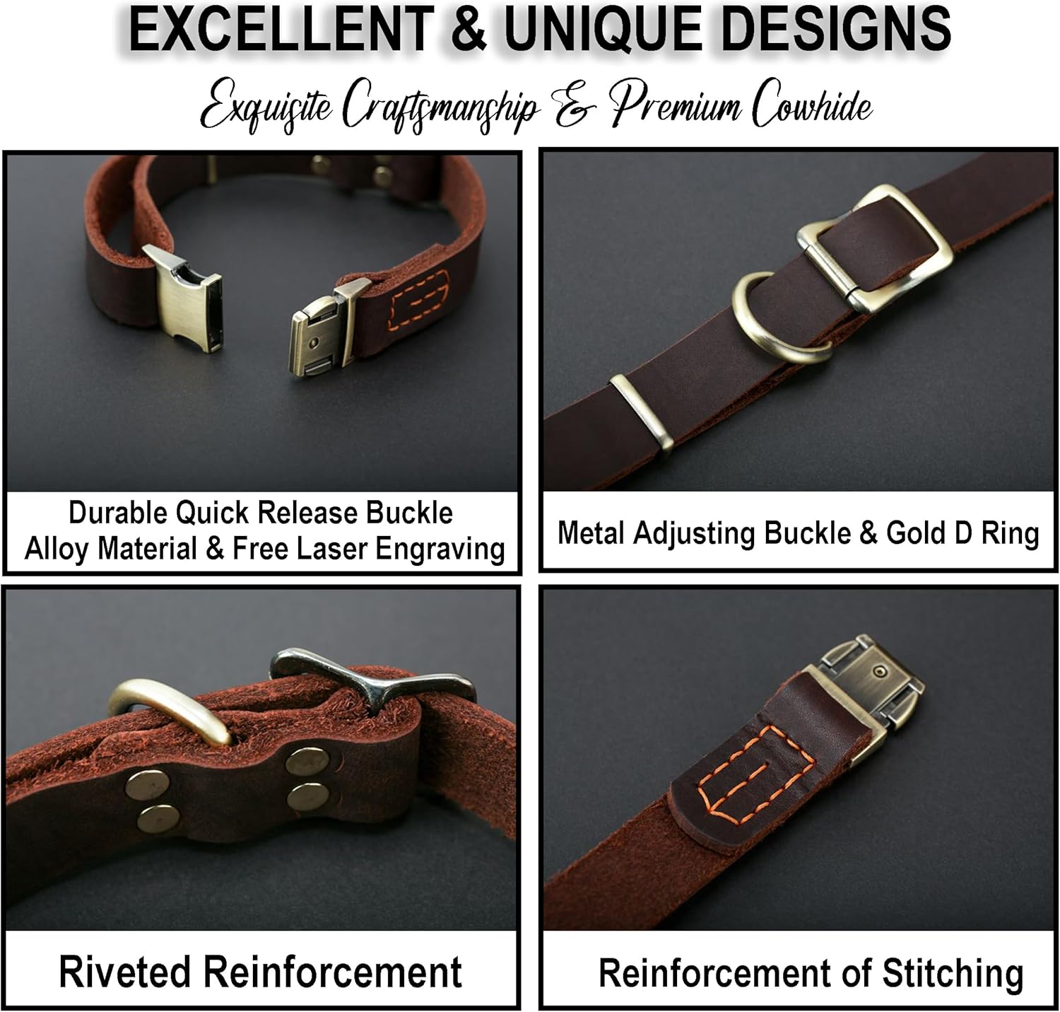 Leather Collar Personalized for Pets Custom Dog Collar with Engravable Nameplate Breathable Collar with Durable Quick Release Buckle for Small Medium Large Dog (L:Neck 16-25",Width 1.0", Mocha)