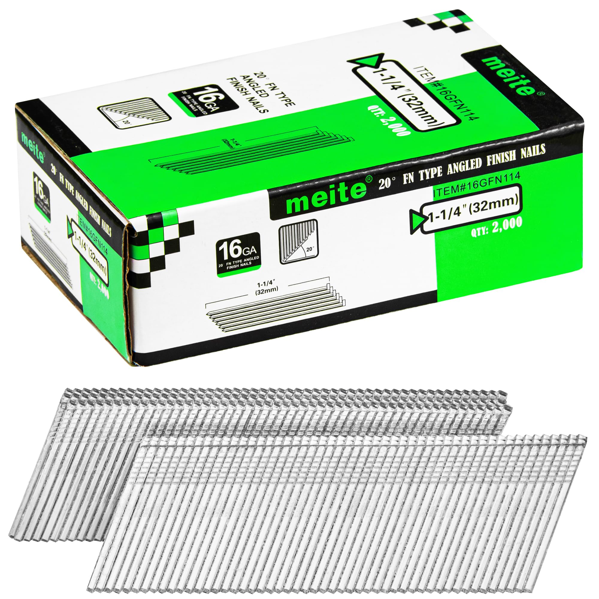 meite 16 Gauge Angled Finish Nails, 32 mm Galvanised Angled Nails for Finish Nail Guns, 16GA 20 Degree Angled Nails for Carpentry & Interior Trim (1 Case - 12 Boxes)