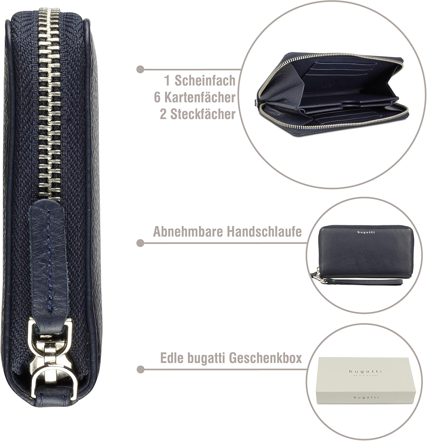 bugatti Lady Top Wallets, Leather Wallet 6CC with Zipper, Ladies Purses, Long Horizontal Format - Blue, Blue