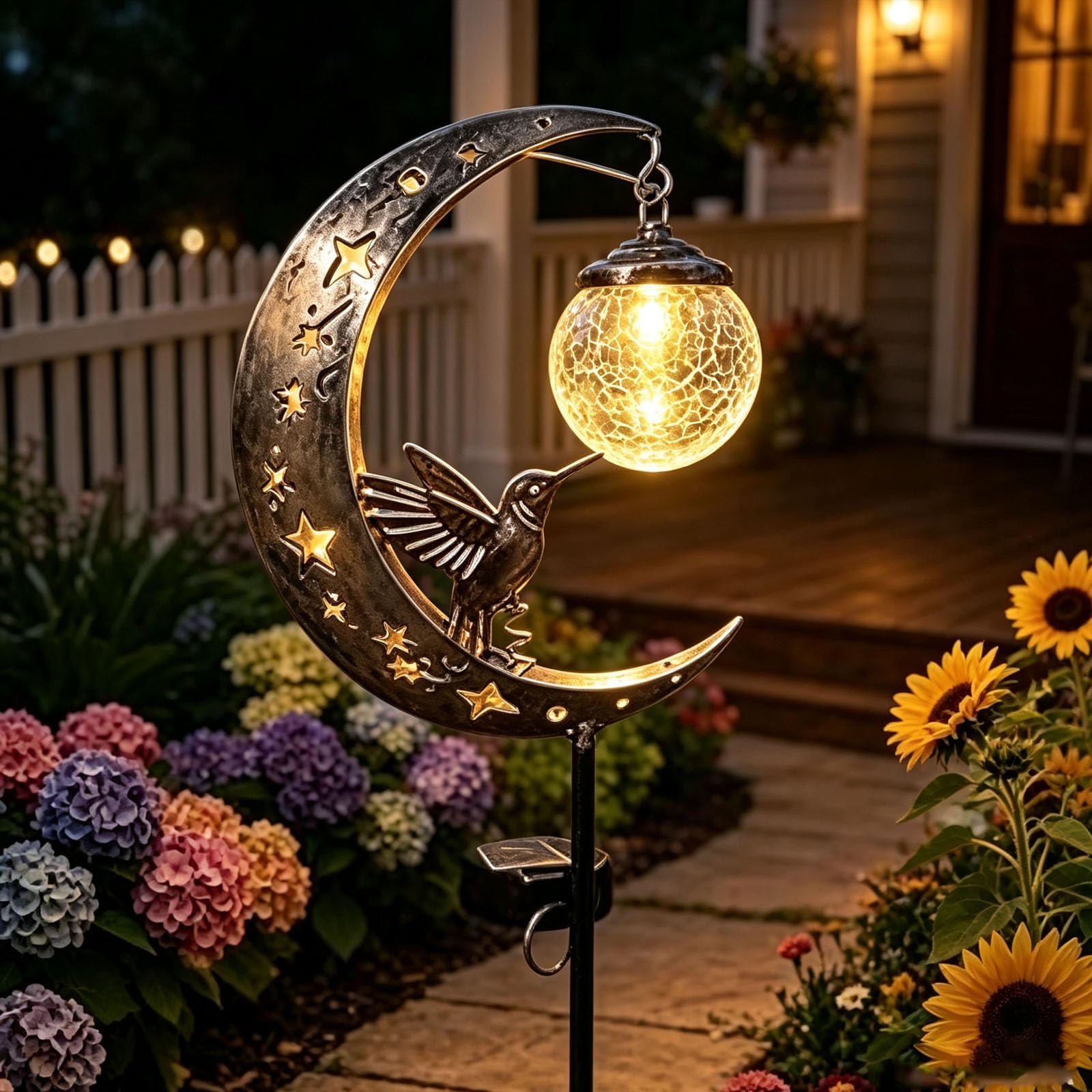 Hummingbird Moon Solar Garden Stake Light, Waterproof Solar Garden Statues with Bird, Crackle Hanging Glass Globe Ball Metal Crescent, Half Moon LED Pathway Decor for Outside Yard Patio Lawn Decor