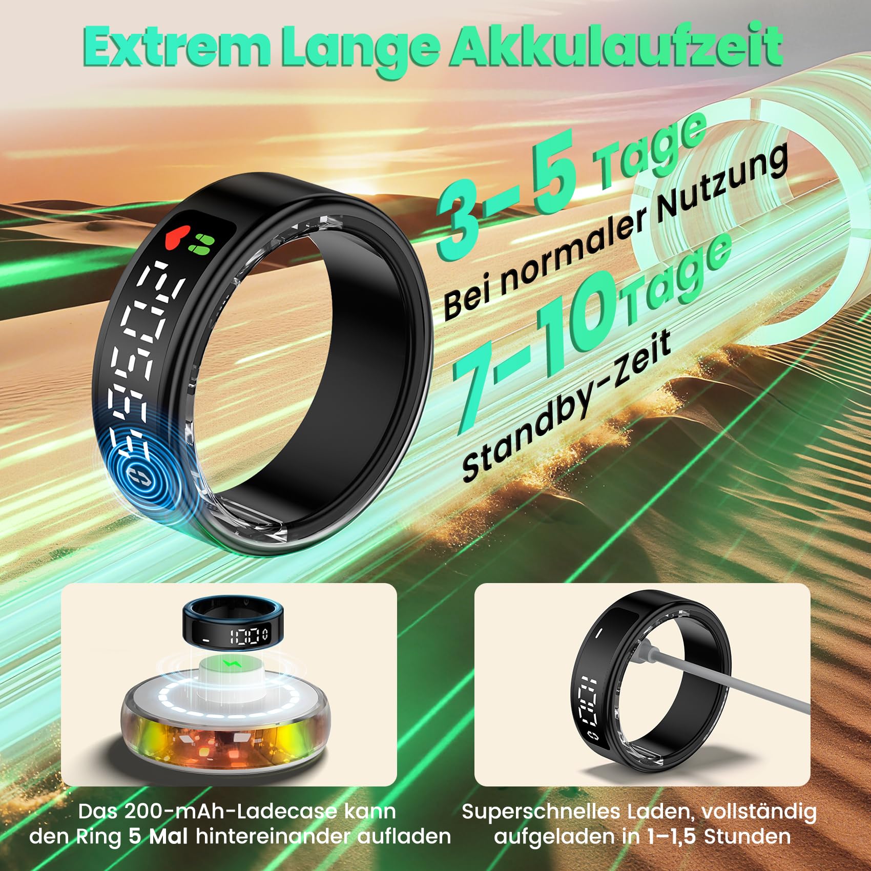 Smart Ring für Herren Damen, 2026 Upgrade Smartringe mit LED Anzeige, Fitness Ring IP68 Wasserdicht, Gesundheitsring mit Herzfrequenz/SpO2/Schlaftracker für Android und iOS