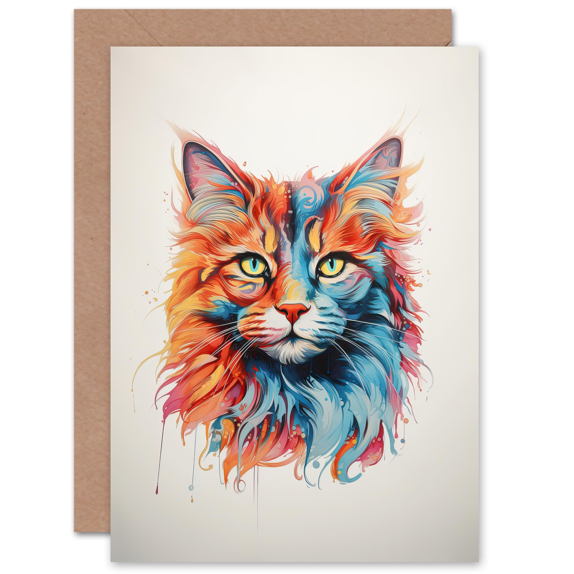 Artery8 Maine Coon Cat Lover Gift Pet Portrait Orange Blue Pink Artwork Painting Sealed Greeting Card Plus Envelope Blank inside