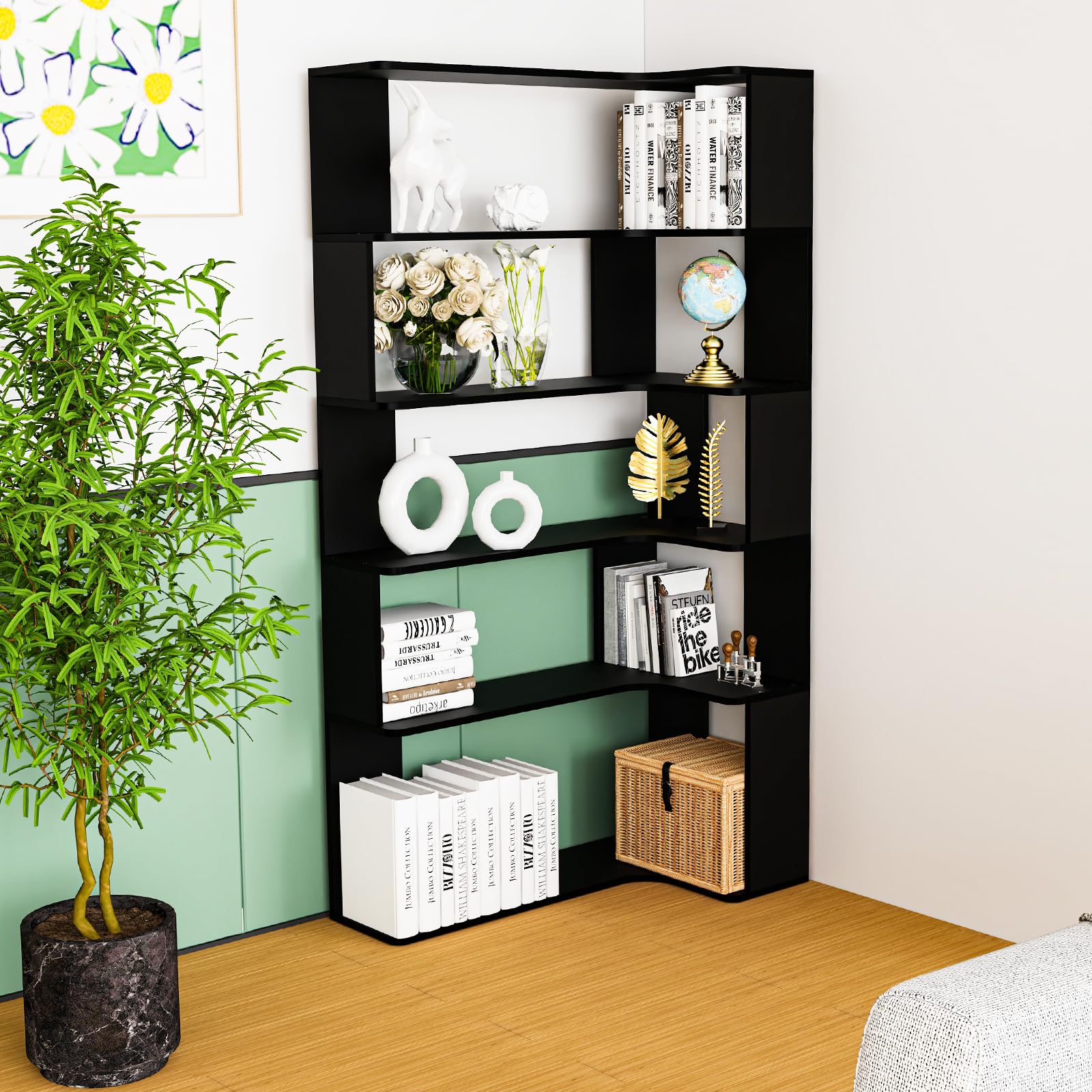 Eckregal 5 Ebenen, Standregal Großes Modernes Eck-Bücherregal, L-Förmiges Offenes Bücherregal, Eckregal Wohnzimmer Holz, Standregal aus Bambus für Schlafzimmer, Büro, Arbeitszimmer Schwarz