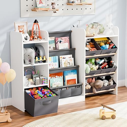Organizador de libros de juguetes para niños, estantería grande con 7 contenedores extraíbles, estantería para bebé y almacenamiento de juguetes,