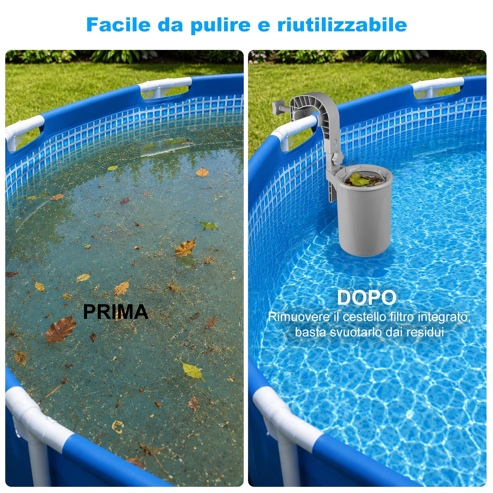 Skimmer per piscina, skimmer regolabile in altezza, montaggio a parete con cestello filtro, setaccio fine, nessuna sostituzione del filtro, skimmer per piscine aperte e con cuscino d'aria, con