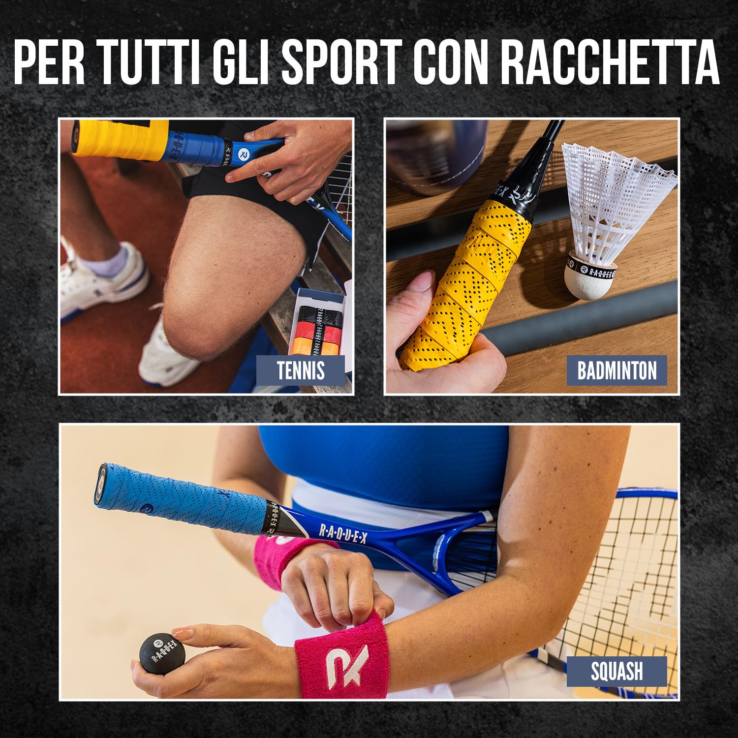 Raquex Evolve Nastro Overgrip - per Racchetta da Tennis, Badminton, Squash, Padel, Pickleball - Confezione da 5 overgrip Multicolore per Racchetta - overgrip Resistente, Morbido, Antiscivolo