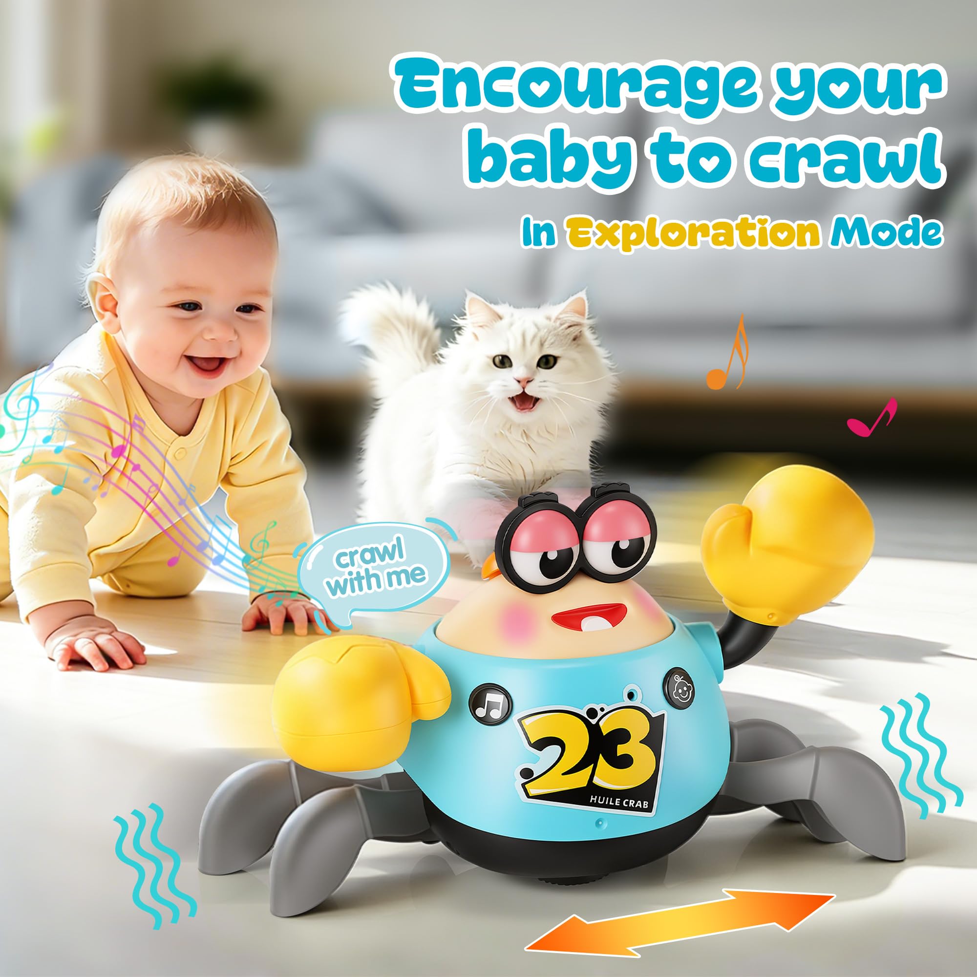 Krabbelspielzeug Baby 6-12 Monate – Tanzende Krabbe mit Musik und Licht | MONKRY Interaktives Krabbel Spielzeug mit Automatischer Hindernisvermeidung, Tummy Time Toy Geschenk für Jungen und Mädchen