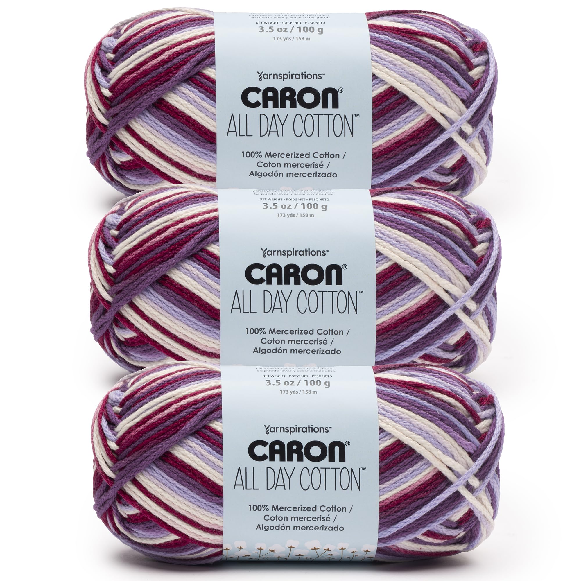 Caron All Day Cotton Prints Yarn for Crocheting, Berry Punch, 3-Pack