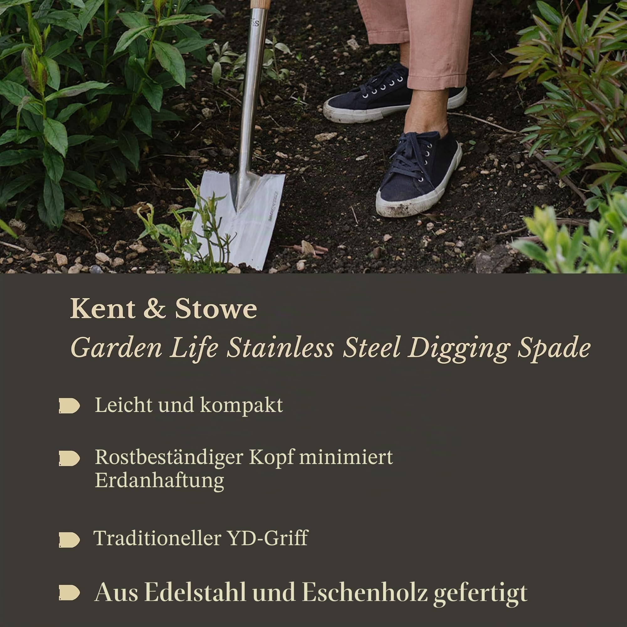 Kent & Stowe Garden Life Edelstahl Grabspaten, leichtes und kompaktes Gartengerät im traditionellen Stil, Ganzjährig aus Edelstahl und Eschenholz