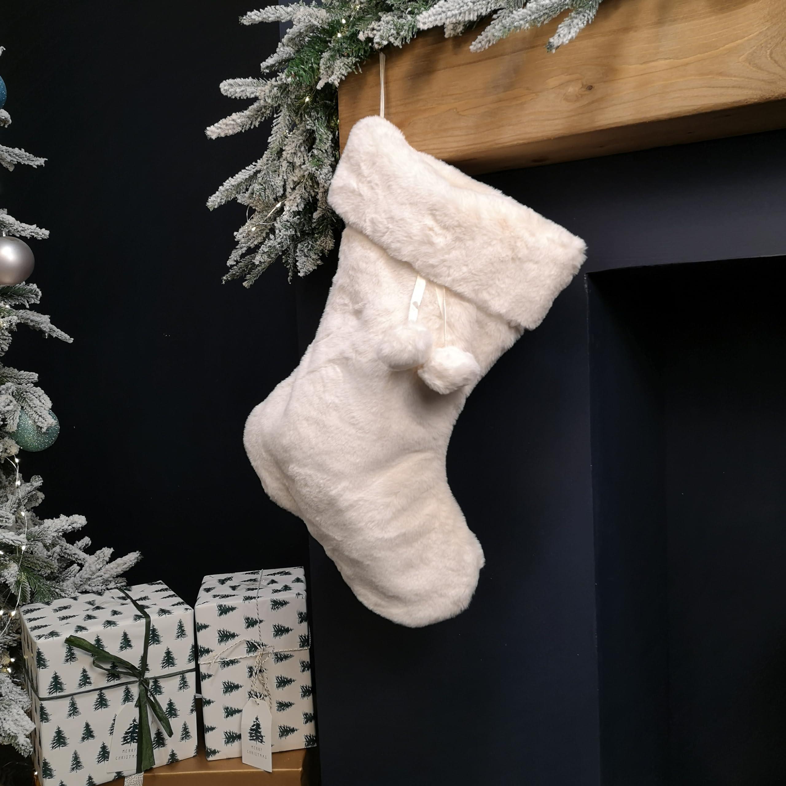 White 50Cm Winter Faux Fur Hanging Christmas Stocking With Pom Poms