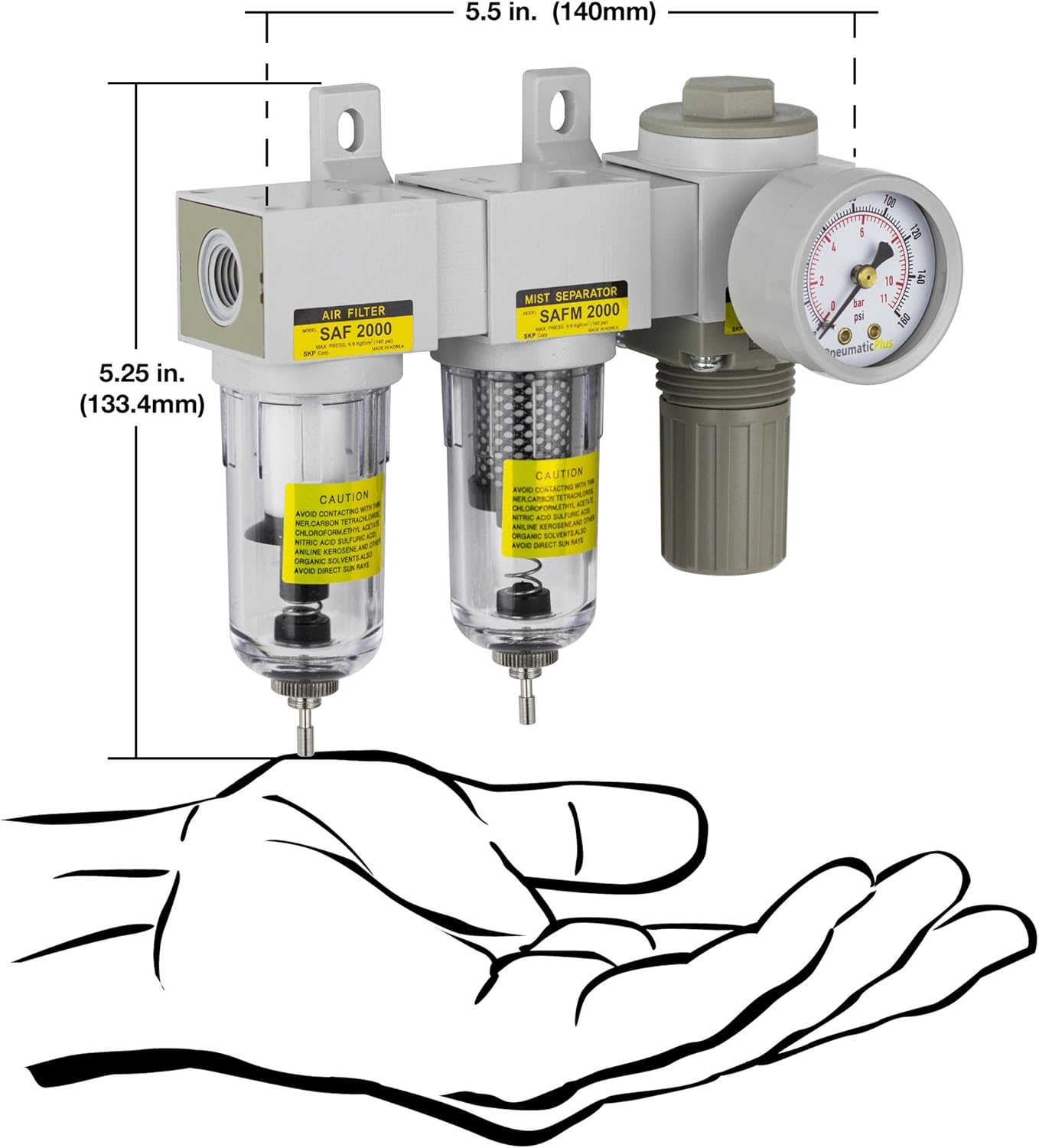 PneumaticPlus SAU2030M-N02G Mini Three Stage Air Drying System, 1/4" NPT - Particulate Air Filter, Coalescing Filter, Air Pressure Regulator Combo - Poly Bowl, Manual Drain