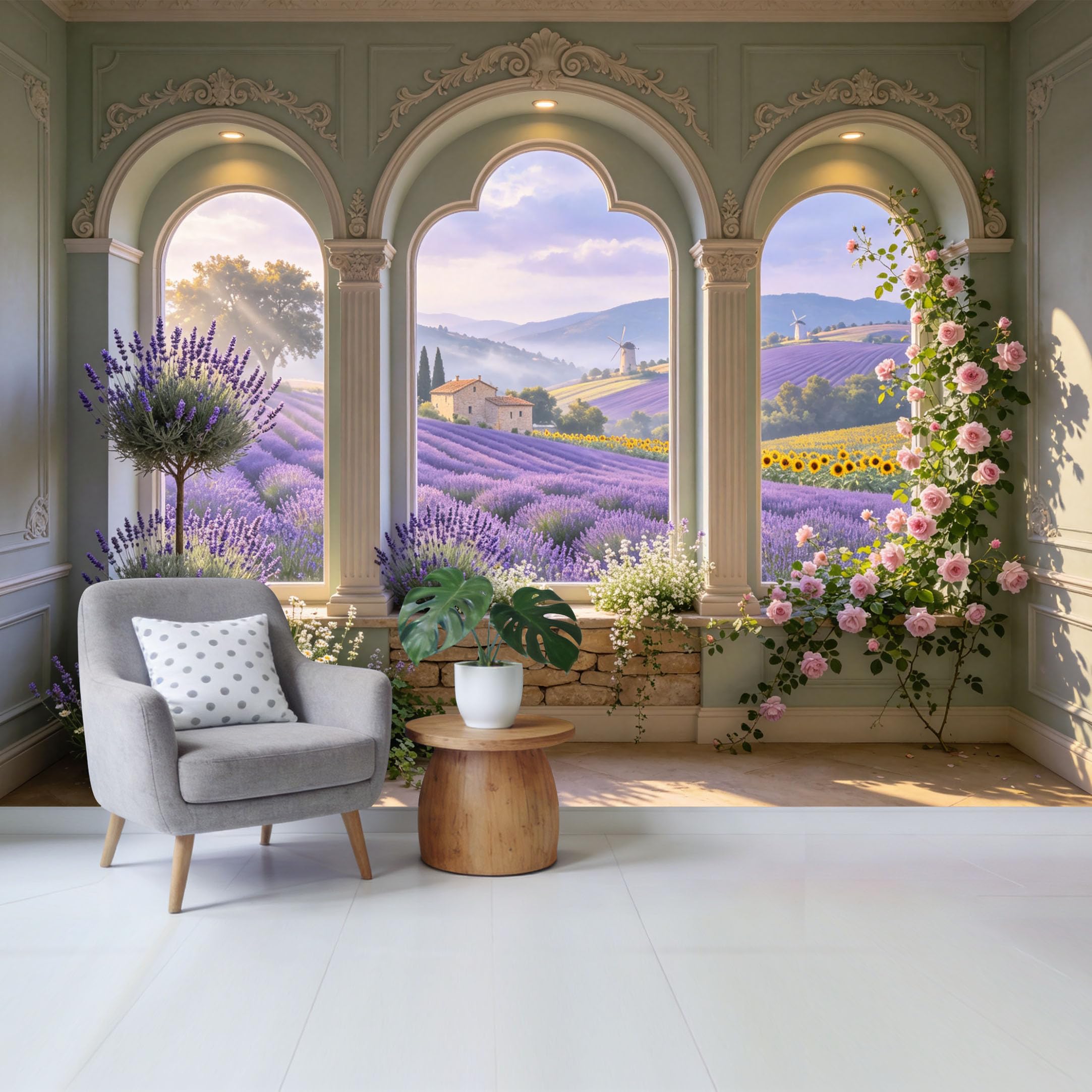 Removable Self Adhesive Fabric Mural， Tuscan Lavender Field Landscape Custom Size Wall Covering， UV Protected Waterproof Washable Wall Decor for Living Room Bedroom Bathroom