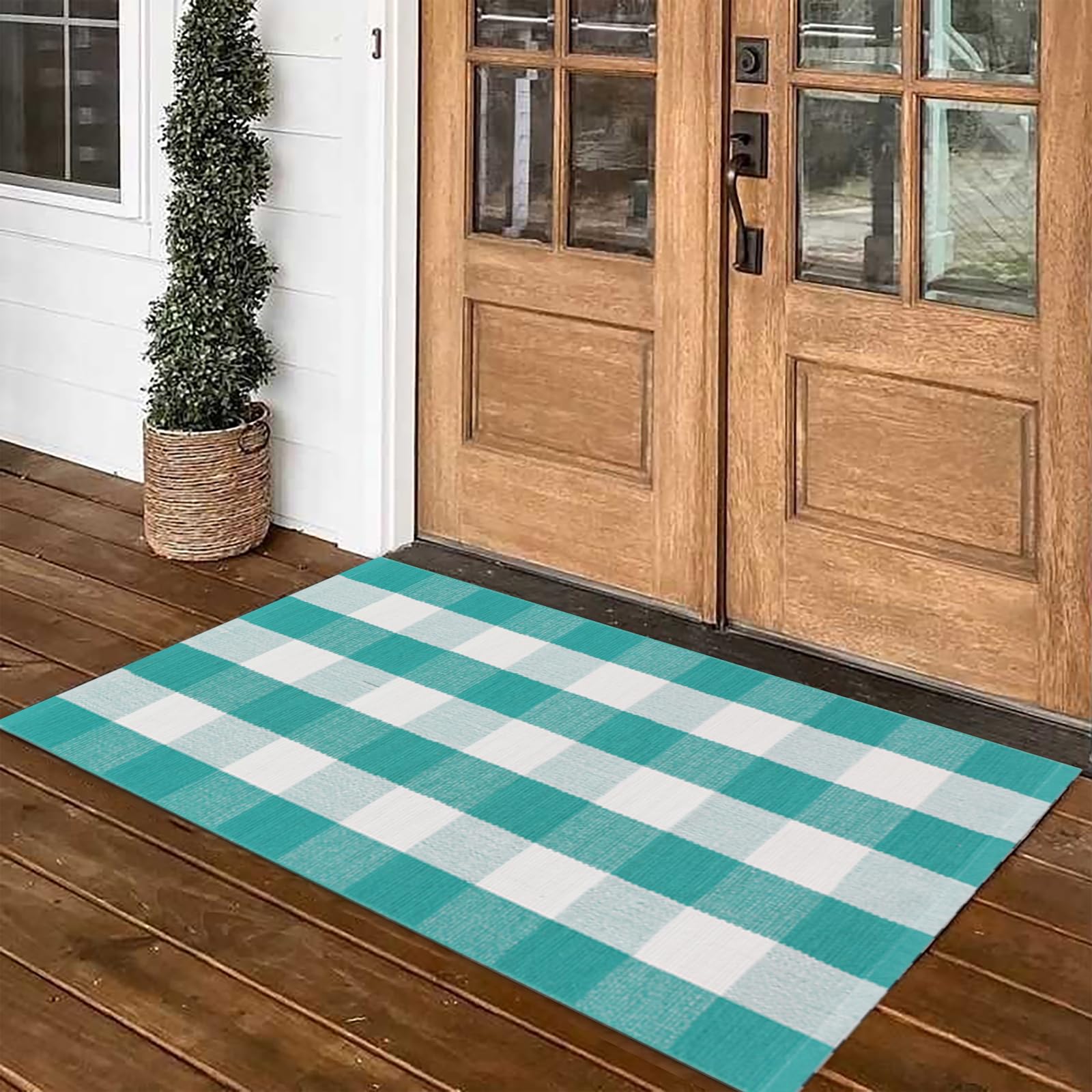 Fallovea Spring Rugs Green and White Plaid, 28” x 43” Area Rug Outdoor Indoor Easter Front Porch Door Mats Cotton Hand-Woven Layered Doormat for