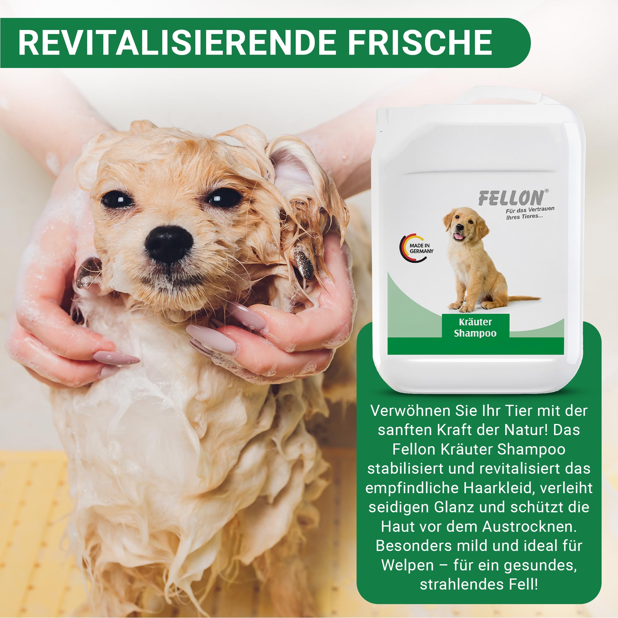 Fellon Kräutershampoo für Hunde – pH-neutrales Hundeshampoo mit natürlichen Kräuterextrakten – Fellpflege für glänzendes Fell, silikonfrei, hautfreundlich, für Welpen & alle Felltypen – 10 Liter