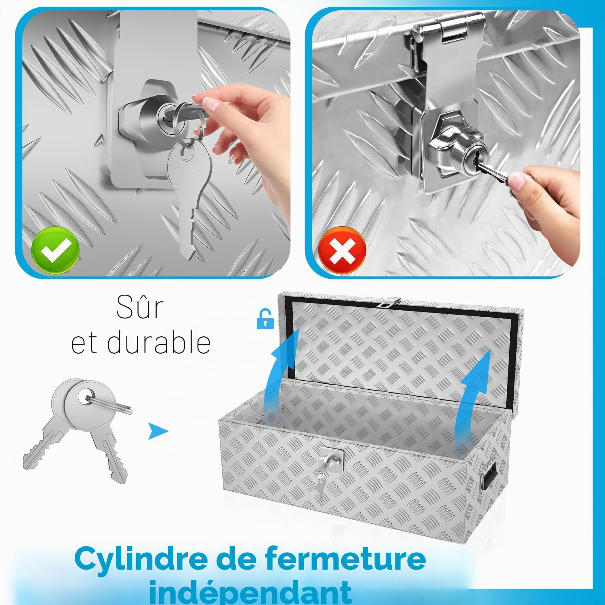 XMTECH Boîte de transport en aluminium de 60L, boîte de rangement en aluminium, mallette en aluminium, boîte en aluminium pour camion, argent, boîte de stockage, mallette de transport, boîte de