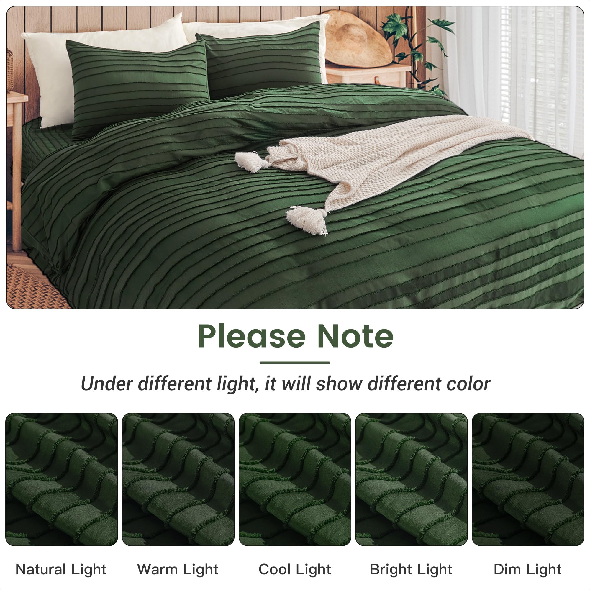 NEXHOME PRO Duvet Cover King Size, Green 3 Pieces Boho Tufted Duvet Cover Set, Soft and Lightweight Microfiber Comforter Cover Set for All Season (Green King, 104 x 90)-No Comforter