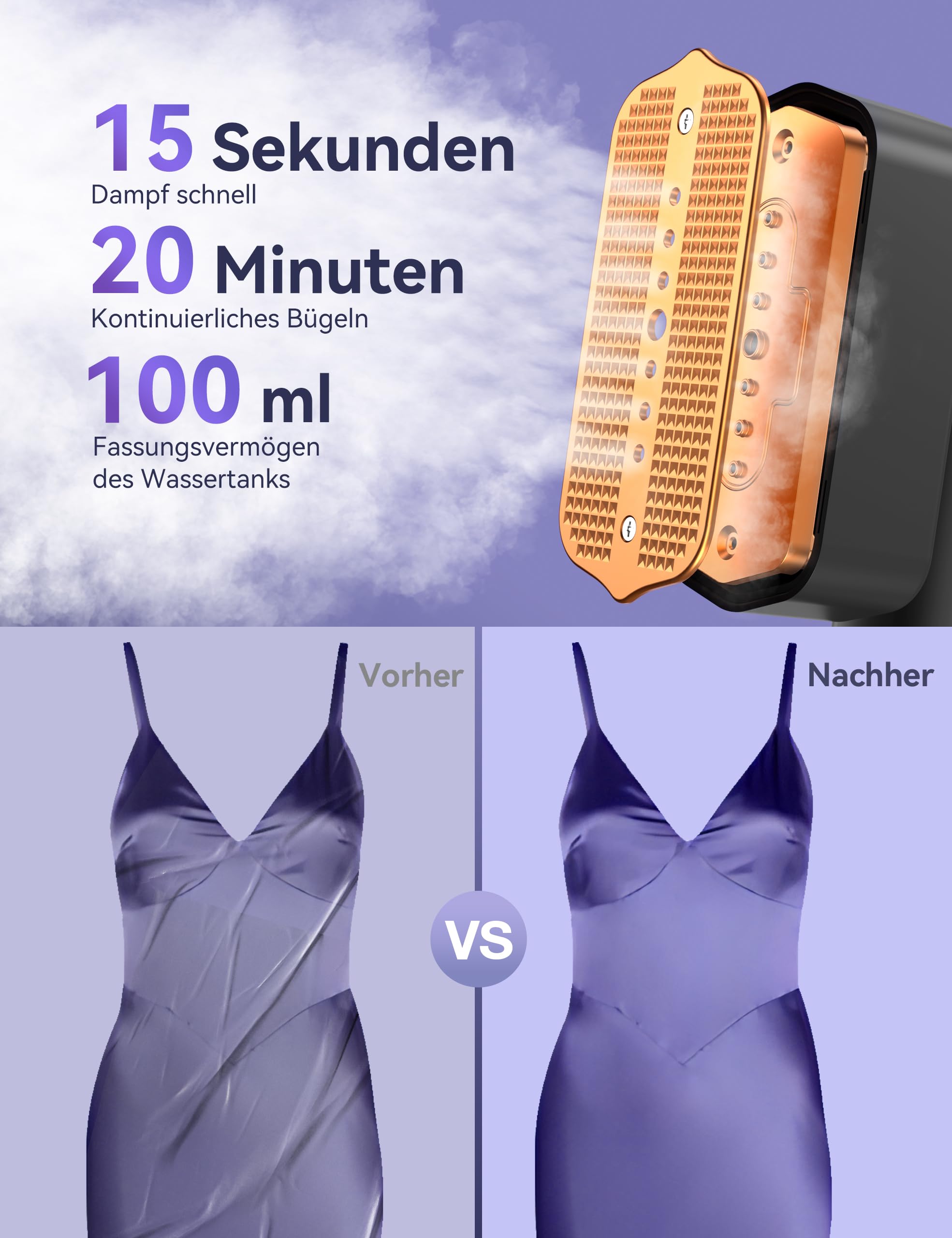 Sundu Dampfglätter 2-in-1 Reisebügeleisen mit LED Display, 15s schnelles Aufheizen, 4 Bügelmodi, Schwarz