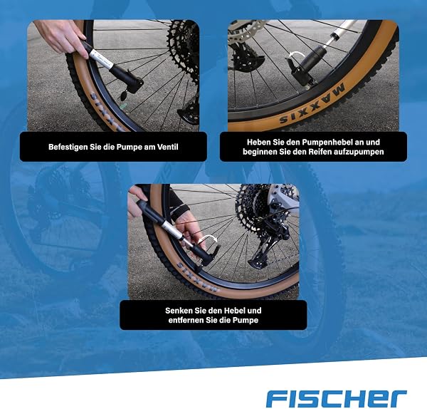 FISCHER Mini-Luftpumpe mit Manometer, Doppelhub-Technik, für alle Ventile (AV, DV, SV), Duokopf, aus Aluminium, extrem kompakt - 4