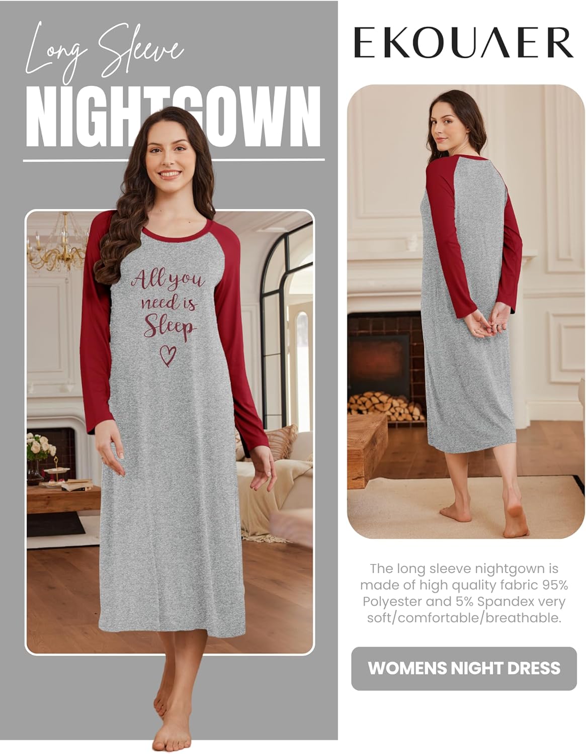 Ekouaer Long Sleeve Nightgowns for Women Calf Length Sleep Shirts Crew Neck Soft Nightshirts S-XXL - Image 5