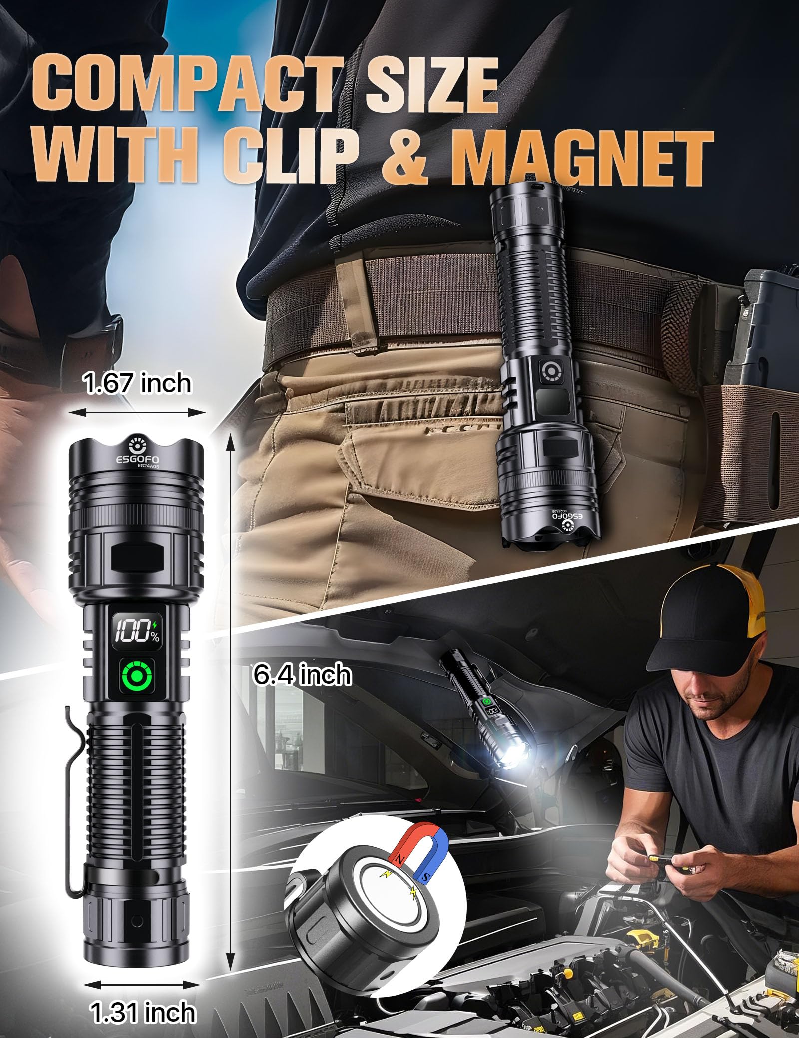 Esgofo Linternas recargables de alto lúmenes, 10000, 2 modos alto/bajo, linterna LED magnética súper brillante de larga distancia de 3280 pies, potente luz de flash fuerte USB C con clip para