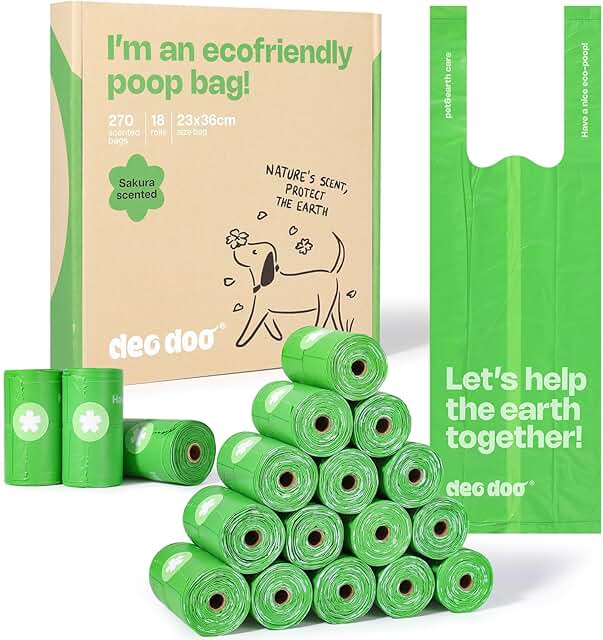 Hundekotbeutel Biologisch Abbaubar mit Henkel Kotbeutel für Hunde mit Duft 270 Stück 18 Rollen Dog Poop Bags Aus Recycelten Materialien Hergestellt 50% Speisestärke Auslaufsicher product image
