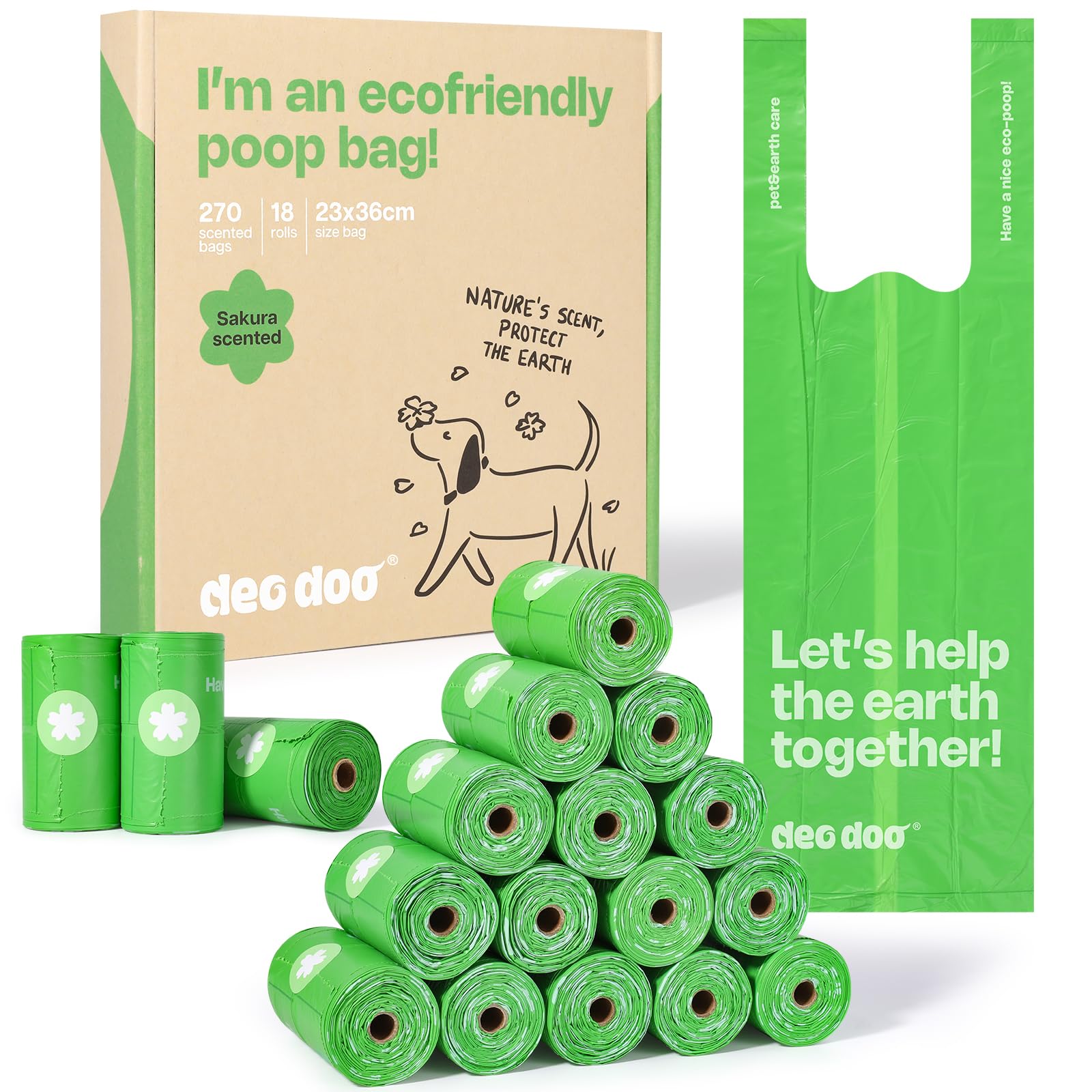 Poo Bags Dogs with Tie Handles Biodegradable Sakura Scented Poop Bags 270 Counts 18 Rolls Leak Proof and Extra Thick Waste Bags Refill Rolls for Cat Litters 1 count (Pack of 270) Newpacking-green