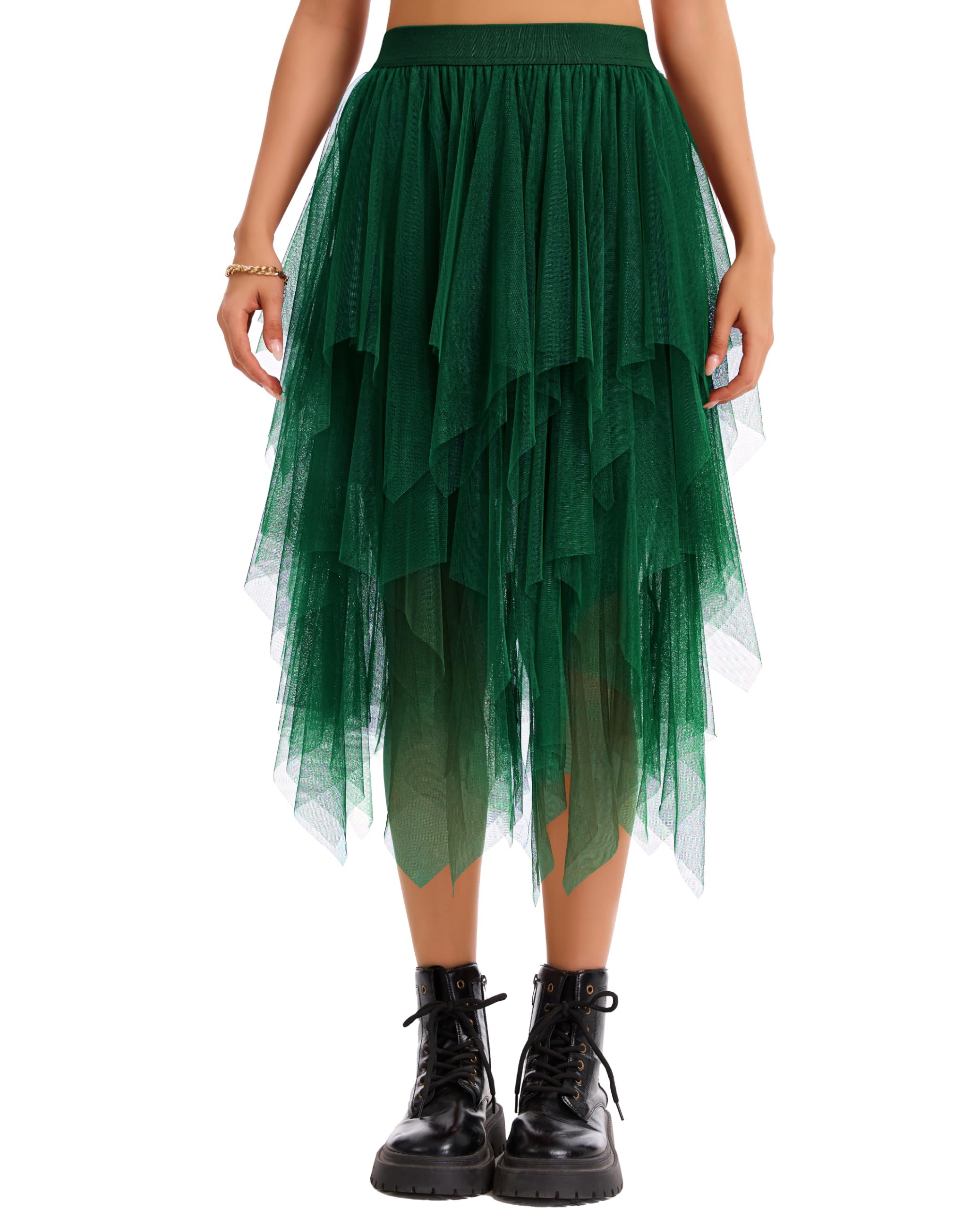 Lovasy Tüllrock Damen Schwarz Knielang High Low Layered Faltenrock Midi Rock A-Linie Unregelmäßiger Puffy Fee Röcke