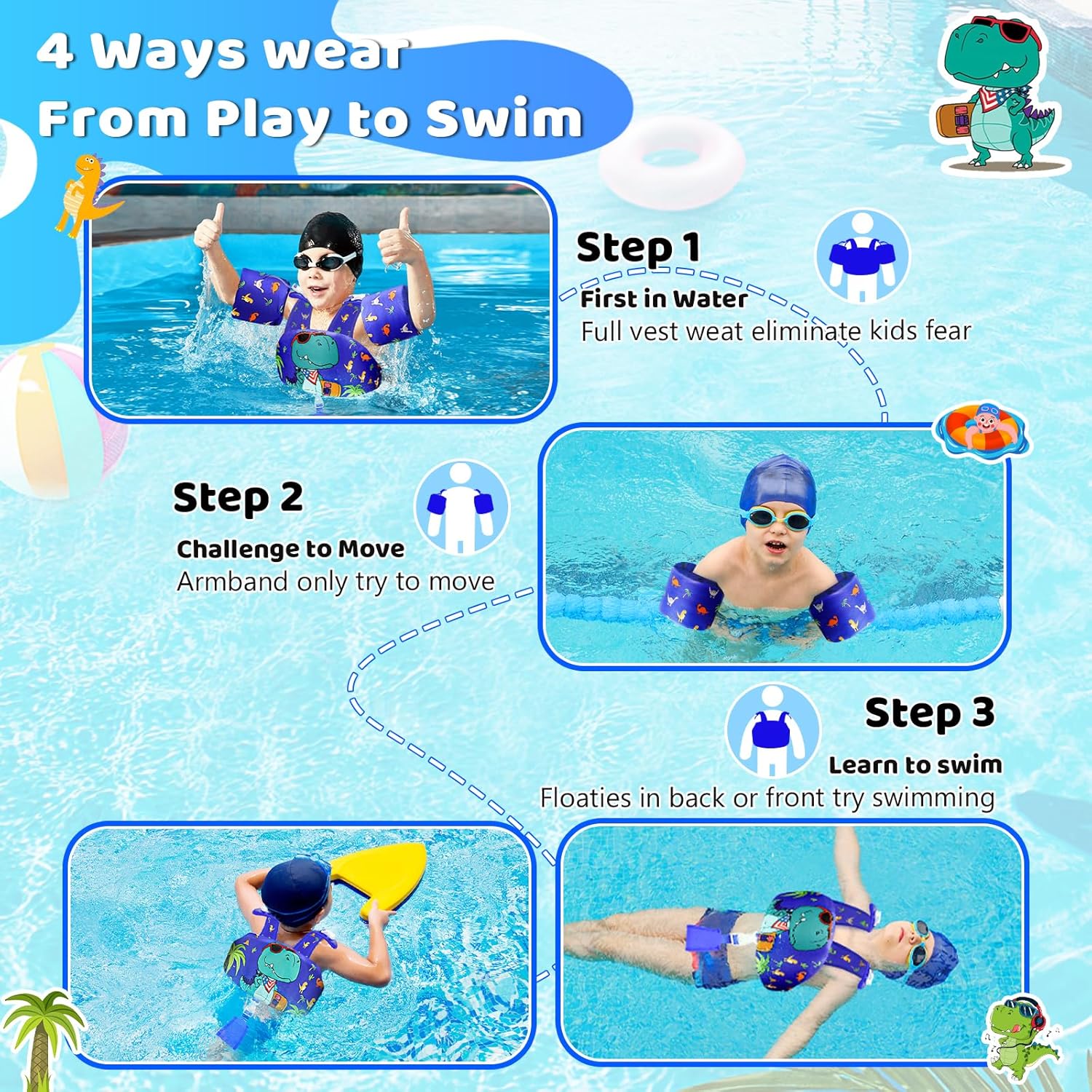 Vvinca Separable Toddler Swim Vest Fit 22-66 Lbs（2-6 Years）| 3 in 1 Toddler Floaties Pool Float & Arm Bands Boys and Girls, Adjustable Sturdy Safety for 2 3 4 5 6 Year