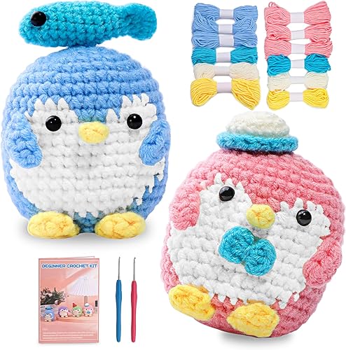 UOOU Paquete de 2 kits de ganchillo, kit de ganchillo de pingüino para principiantes, tutoriales en video paso a paso, kit completo de animales de
