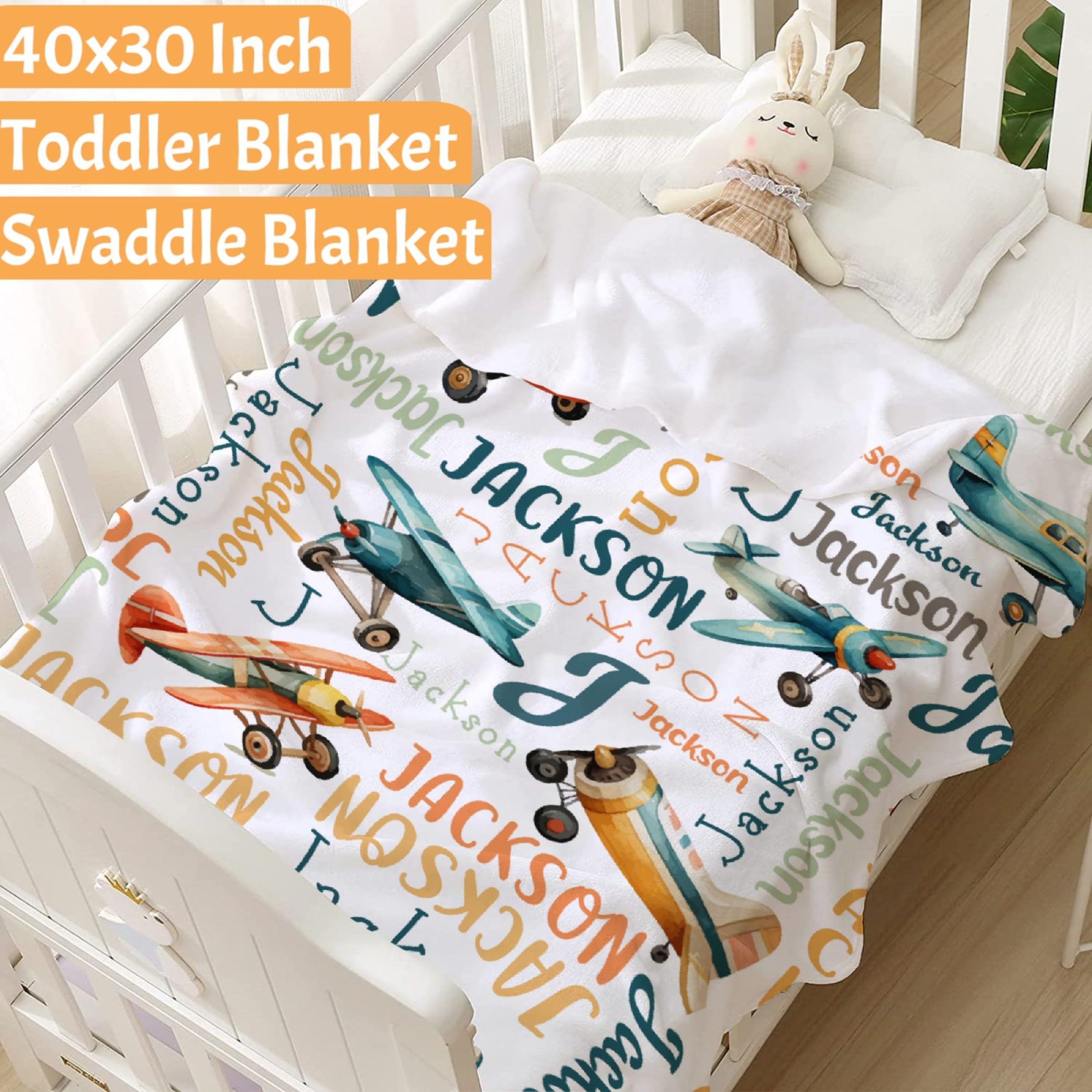 Airplane Custom Name Blanket- Airplane Gift for Kids Personalized Name Airplane Blanket for Infant Kid Soft Flannel Blanket 50
