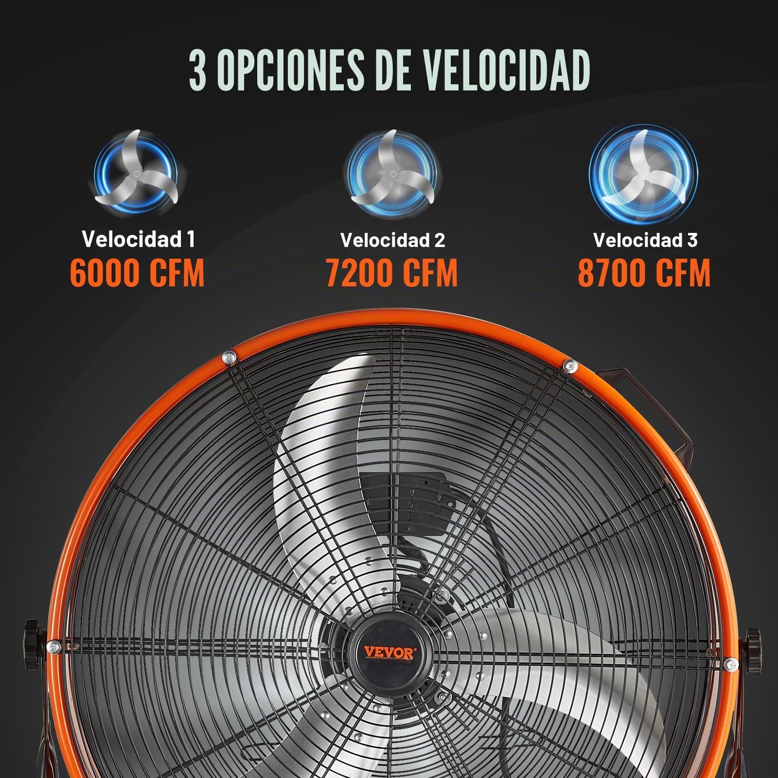 VEVOR Ventilador de Tambor Industrial de Alta Velocidad, para Uso Comercial de Alta Resistencia, 3 Velocidades, 8600 CFM, con Inclinación Ajustable de 360° para Almacén, Taller, 780 x 710 x 320 mm
