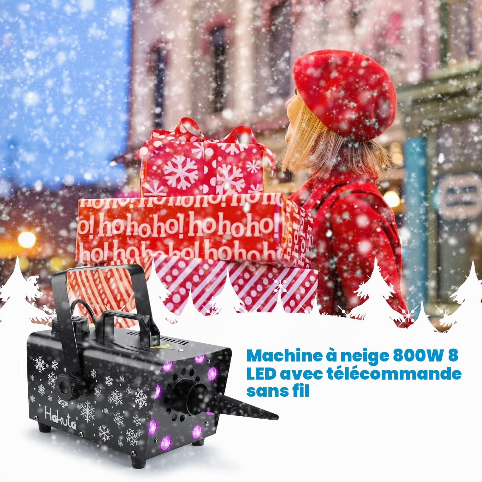 Hakuta Machine à neige 800W avec 8 LED, y compris la télécommande, machine à neige éclairage coloré pour Halloween, Noël, mariage, fêtes et scène DJ, Rouge