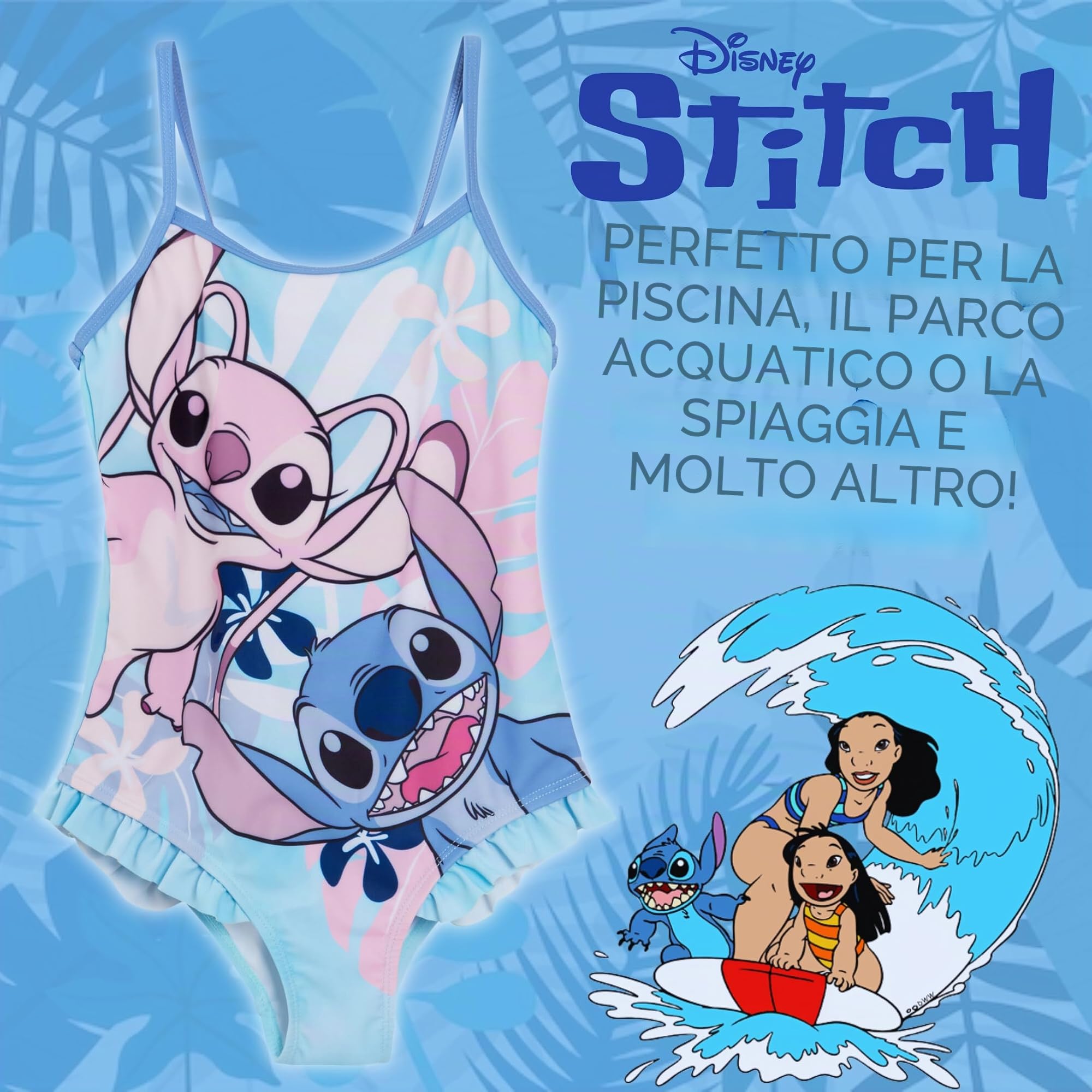Disney Costume da bagno Stitch per ragazze, costume da bagno Angel Un pezzo per bambini, abbigliamento da spiaggia e piscina.