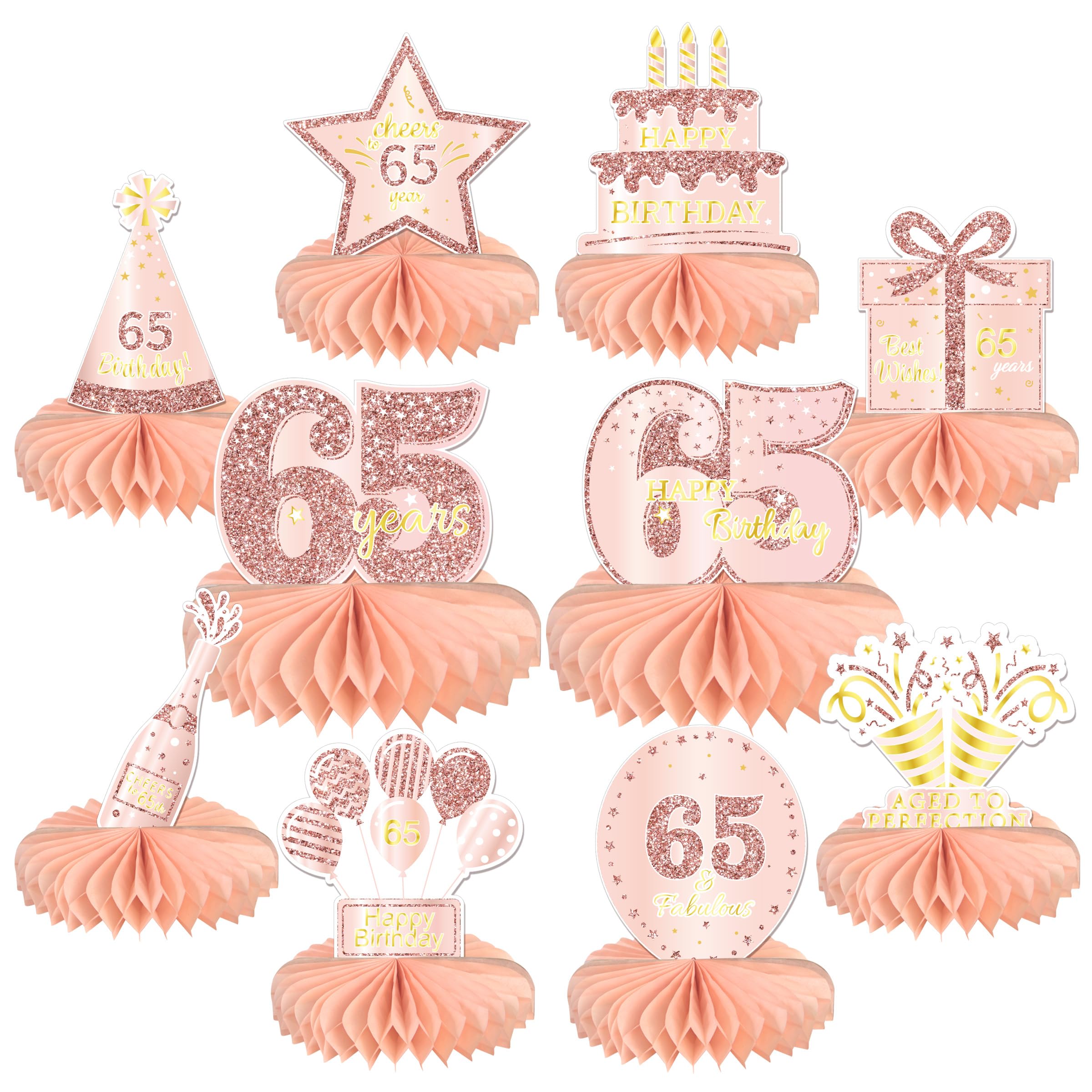 10PCS 65th Birthday Decorations Centerpieces for Table Decorations,Rose Gold Pink Happy 65th Birthday Honeycomb Table Topper Birthday Party Decoration
