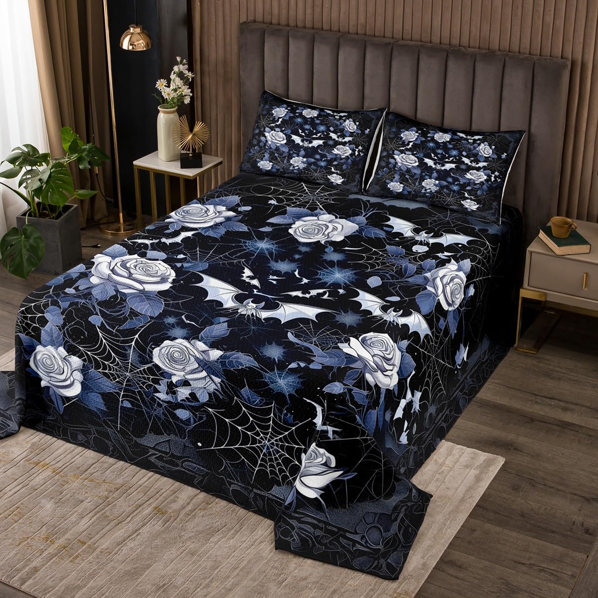 Feelyou Kids Rose Coverlet Set Queen Size, Spider Web Bedspread Halloween Decor Quilted Coverlet for Boys Girls Bat Quilted Room Decor with 2 Pillow Case
