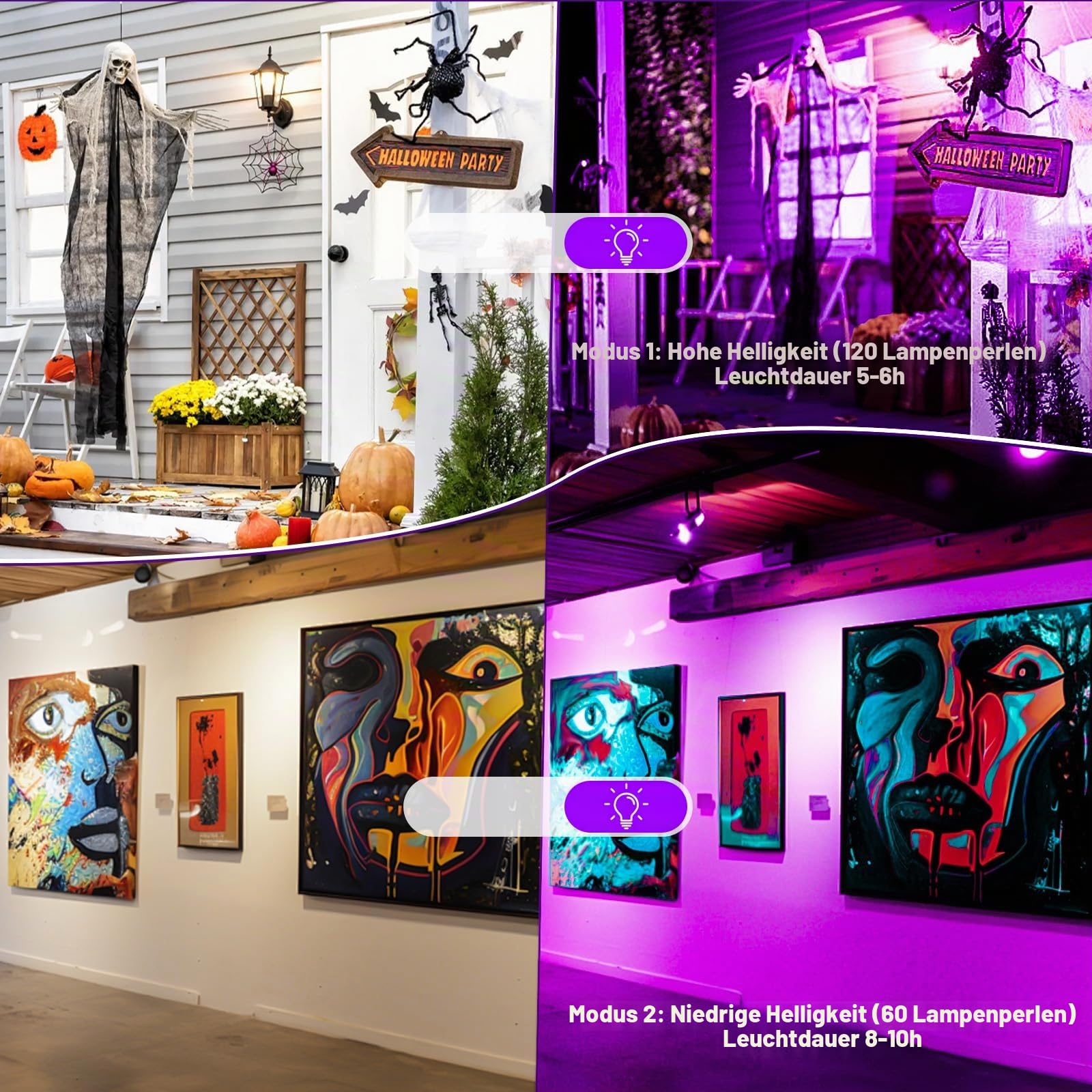 Schwarzlicht Strahler 60W, WINNIW 120 LED UV Schwarzlichtlampe, Wiederaufladbares Dimmbares UV-Licht für Schwarzlichtparty, Neonparty, Halloween, Bodypainting, Fluoreszenzeffekt, Disco
