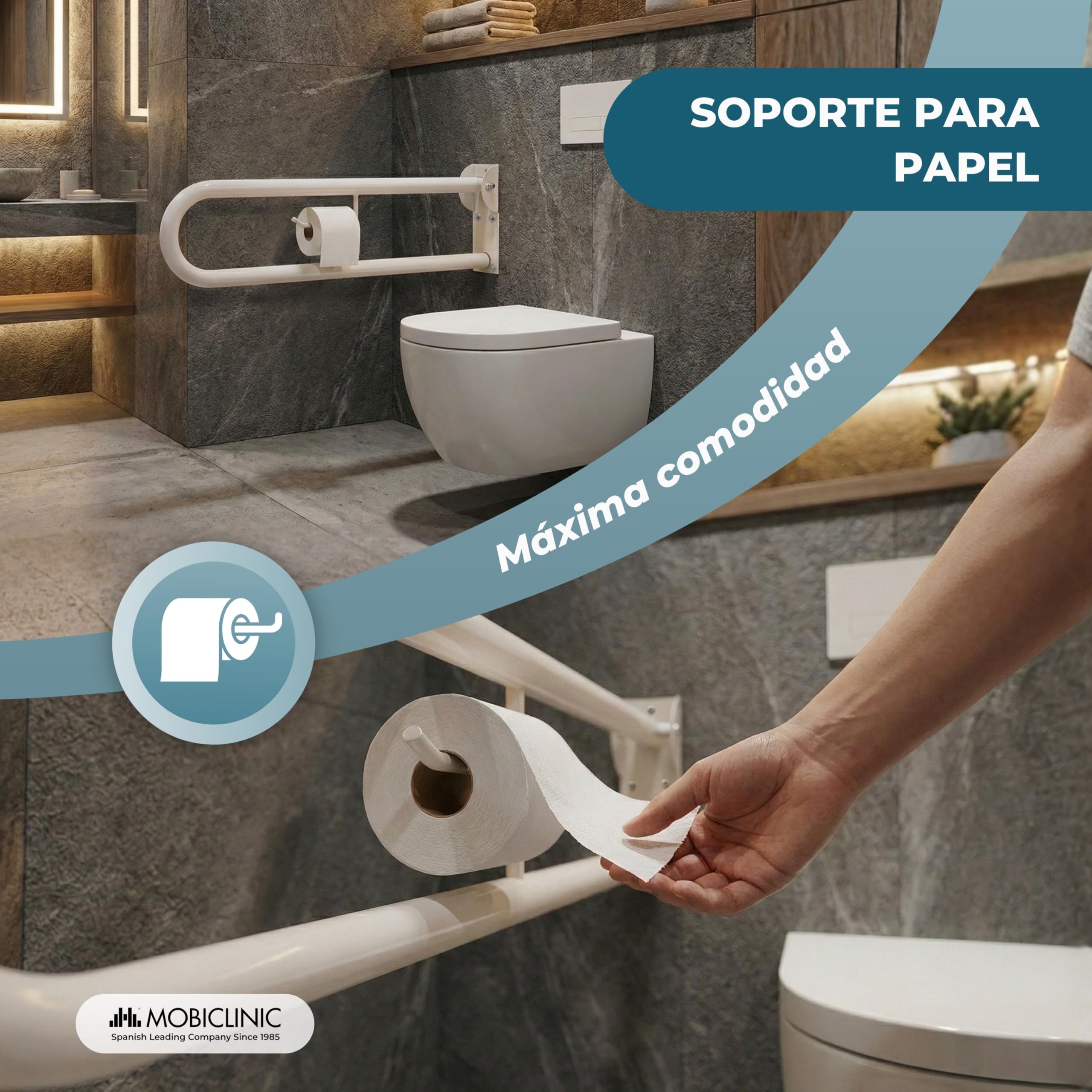Mobiclinic, Barra abatible baño, Arco, Doble de seguridad, Marca española, Soporte ayuda para ancianos y minusválidos, Papel, Asidero