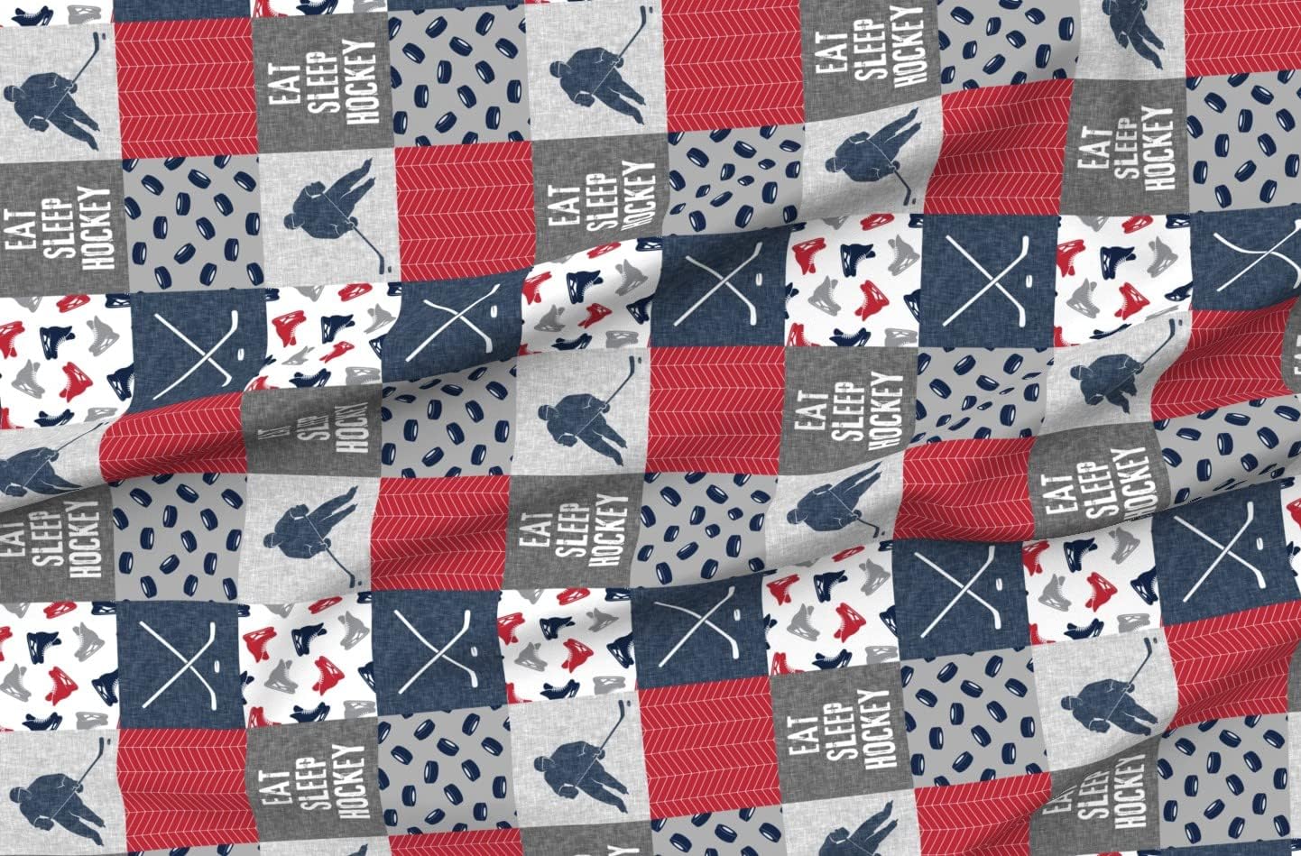 Spoonflower Fabric - Eat Sleep Hockey Ice Patchwork Nursery Wholecloth Red Navy Grey Trendy Printed on Organic Cotton Sateen Fabric by The Yard - Sewing Quilting Apparel Home Decor
