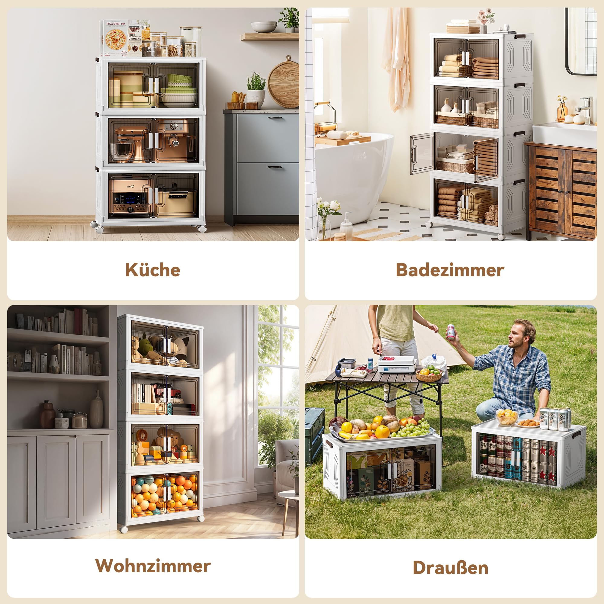 BTGGG 4er Pack Aufbewahrungsbox mit Deckel 54L*4 Stapelbare Aufbewahrungsboxen Kunstoffboxen Klappbox Plastikbox mit Deckel, Faltbare Aufbewahrungsbehälter Aufbewahrungsboxen mit Türen und Rollen