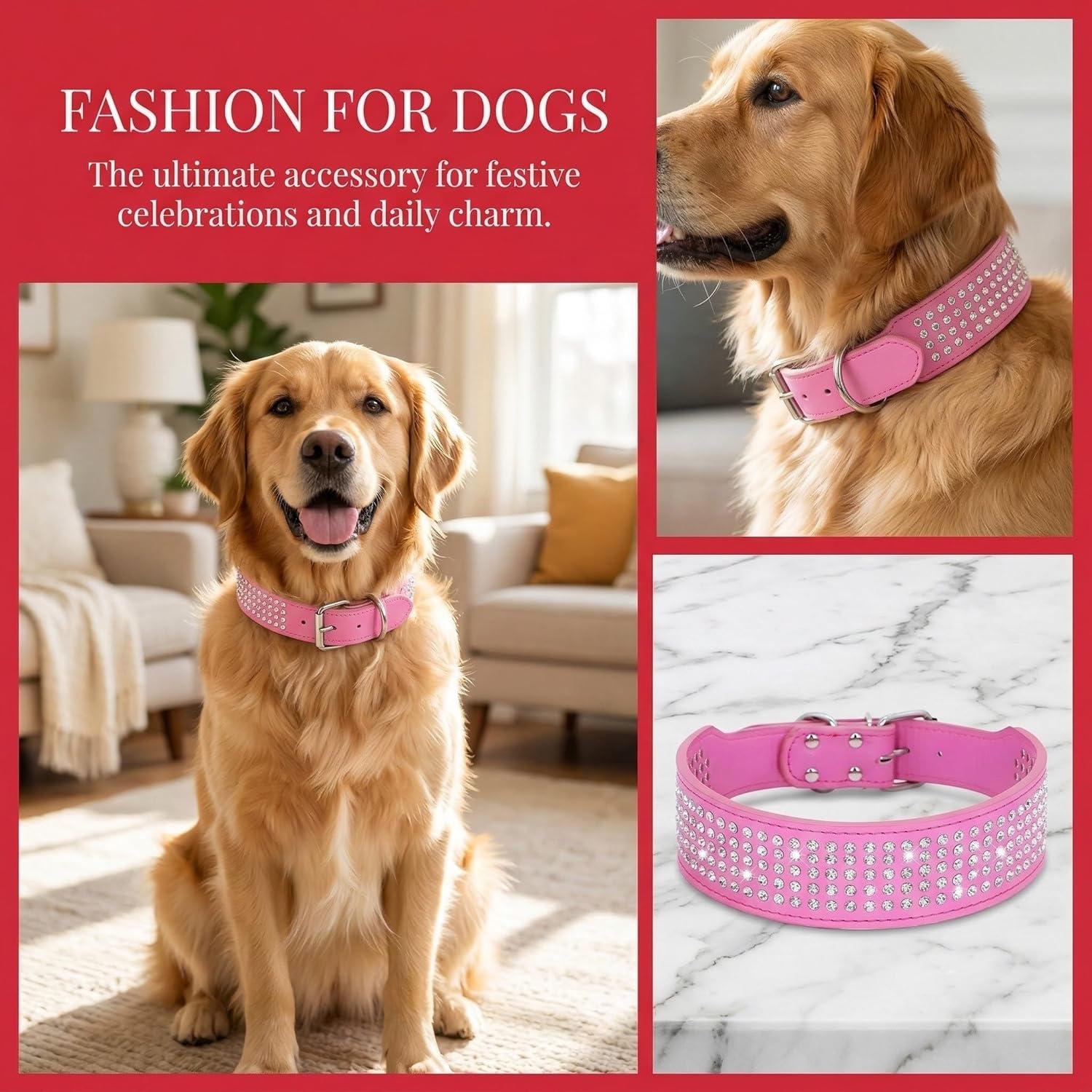 Rhinestones Dog Collars, 2" Width Full Sparkly Crystal Diamonds Dazzling Sparkling Elegant Fancy PU Leather Dog Collar for Medium Large Dogs (Medium, Black)