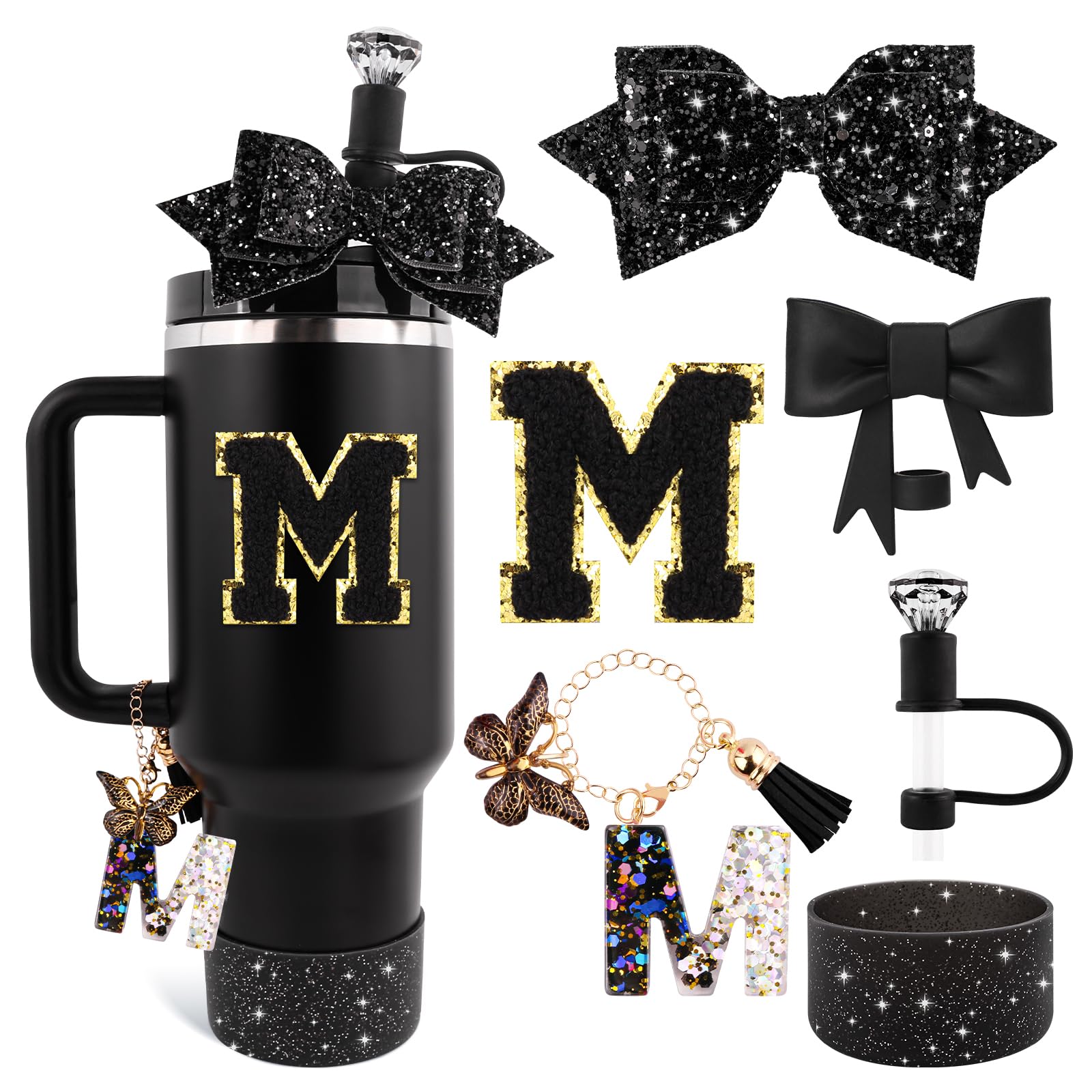 Lingdeer Black Cup Accessories Set for Stanley 30OZ & 40OZ Tumbler with Handle, Letter Charms, Bow & Diamond Straw Covers, Glitter Silicone Boot, Personalized Sticker for Stanley Cup Accessories (M)