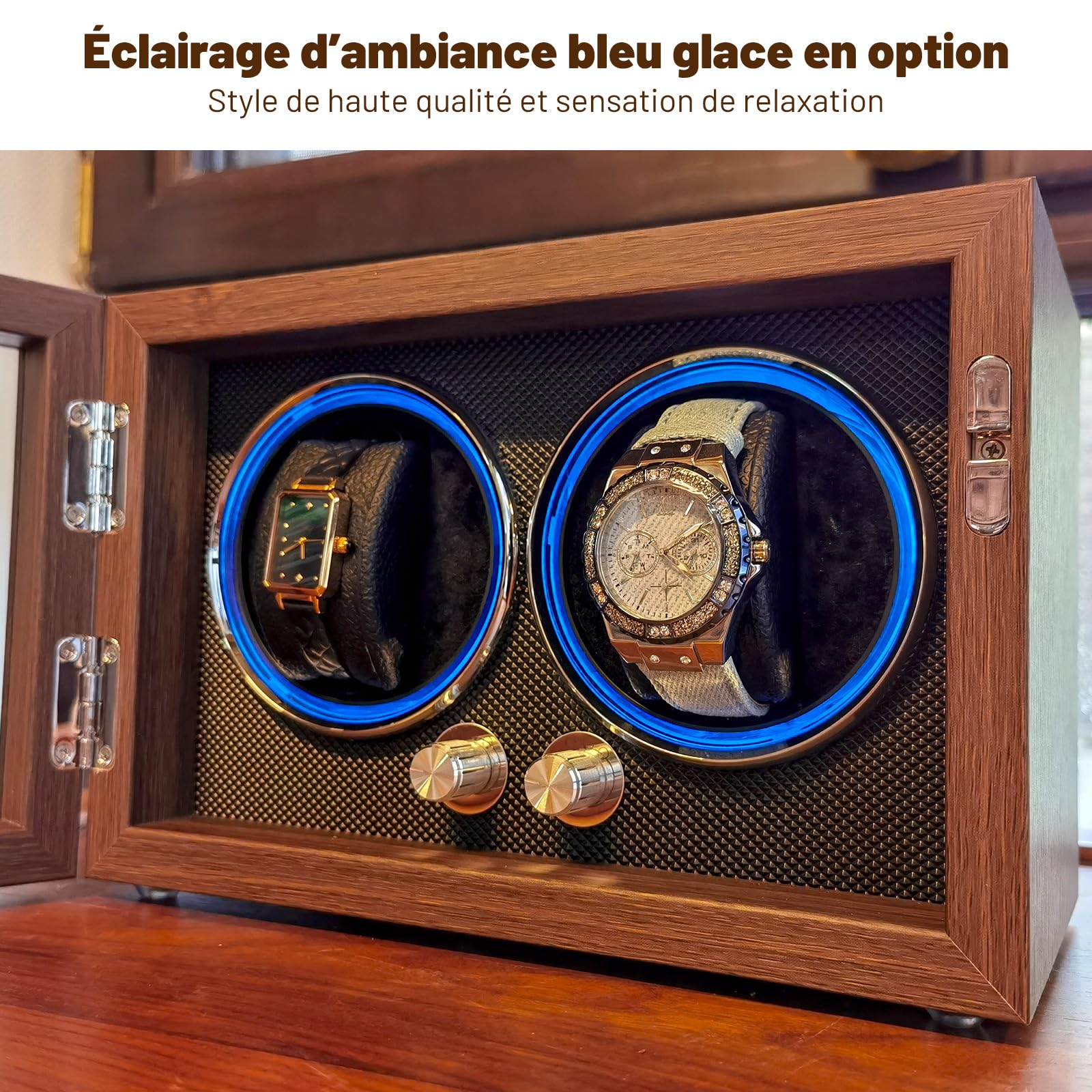Remontoir pour 2 montres, bois de noyer noir, 4 modes de rotation avec éclairage LED, ultra silencieux