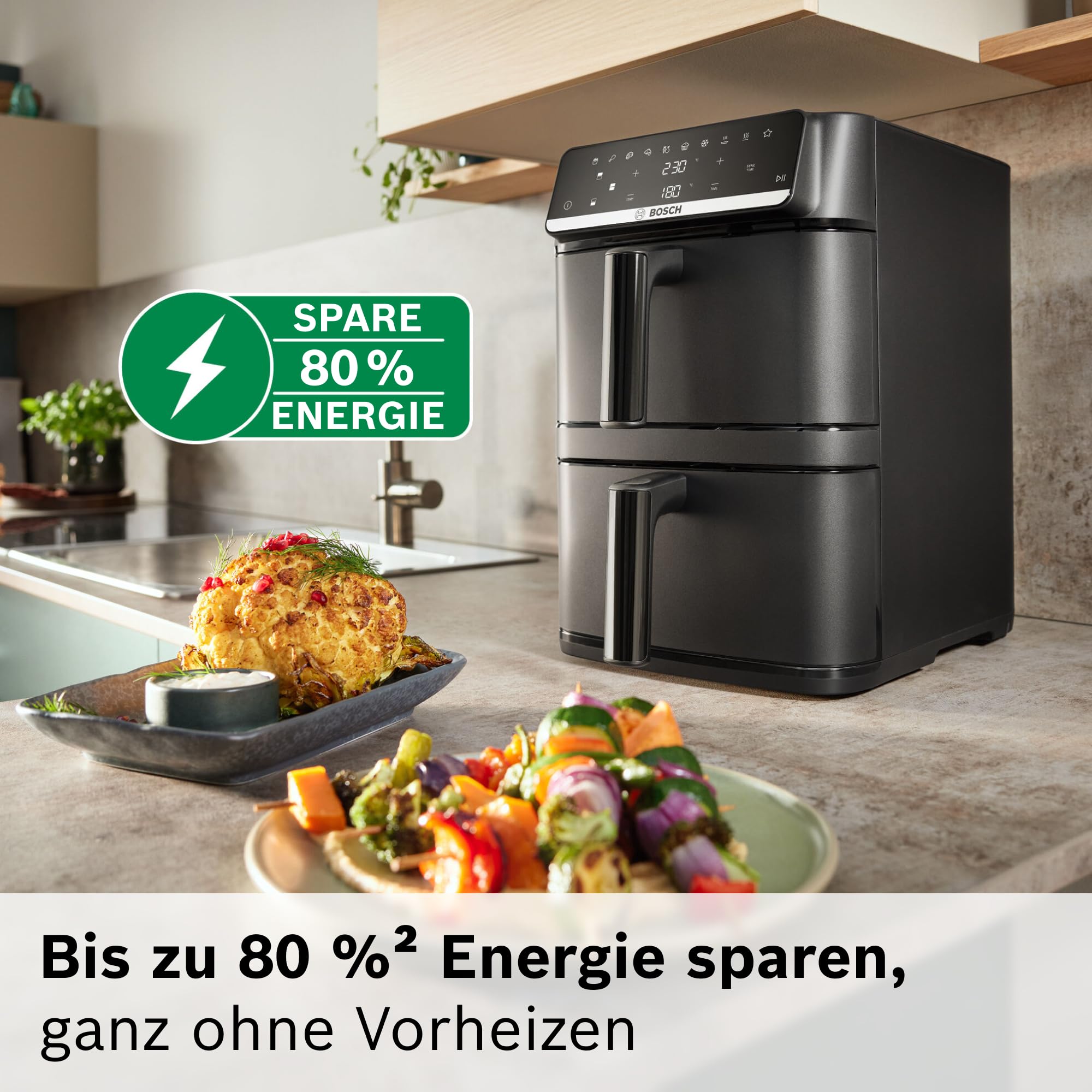 Bosch Serie 6 XXL Heißluftfritteuse, 12 L Doppelkammer, platzsparend, 6 Programme, PFAS frei, schwarz, AirFryer Serie 6, MAFD661B0