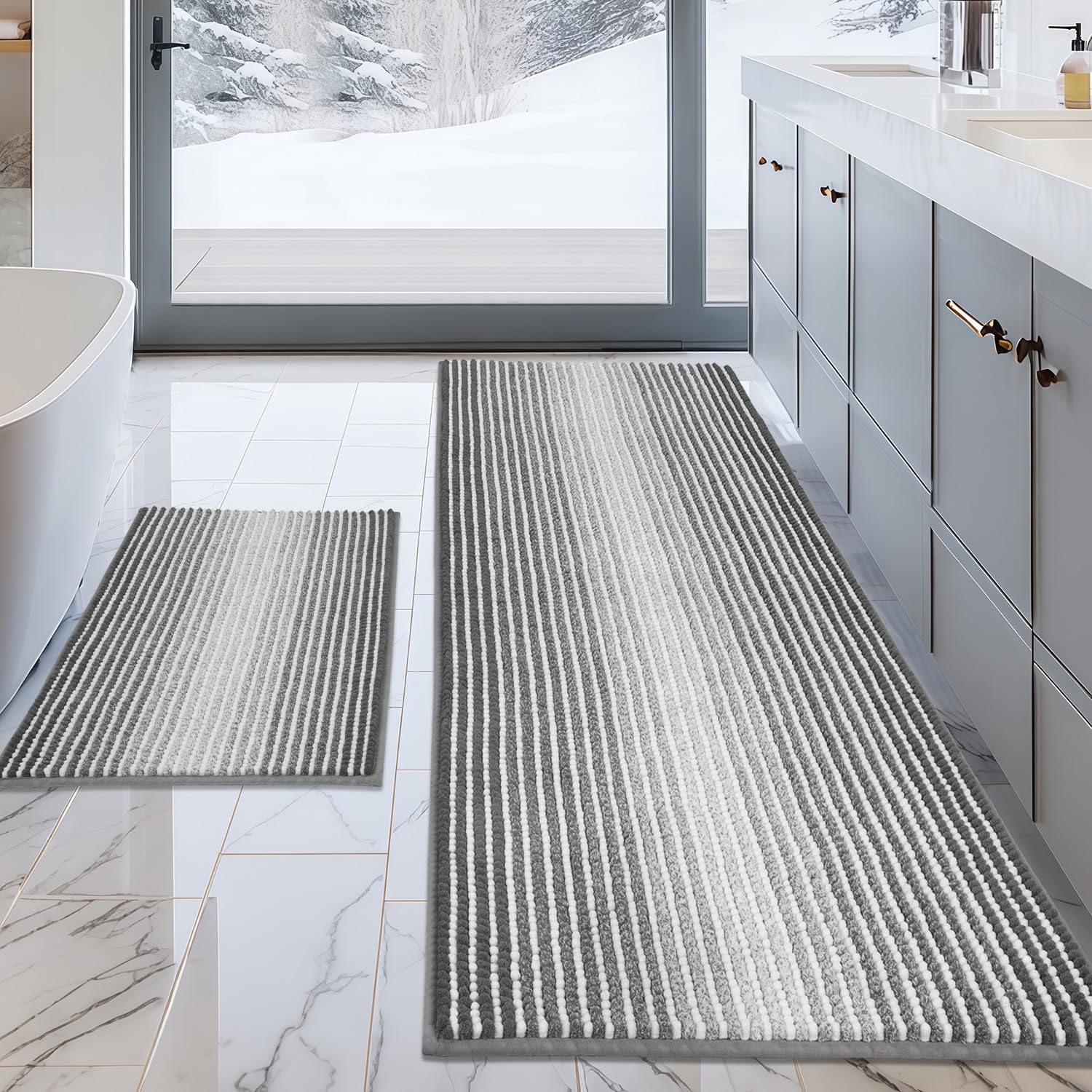 View 1 of ** missing short rug**BSICPRO Bathroom Rugs Sets 2 Piece, Non Slip Striped Bath Mats, Gray**only 1long rug **
