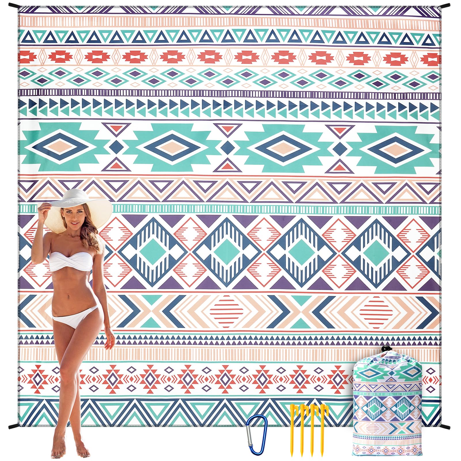 HIHOHO Beach Blanket, Sandproof Beach Mat, Waterproof Quick Drying Lightweight Outdoor Aztec Picnic Mat 79" X 83" for 2-4 Adults with Pocket for Travel, Camping, Hiking