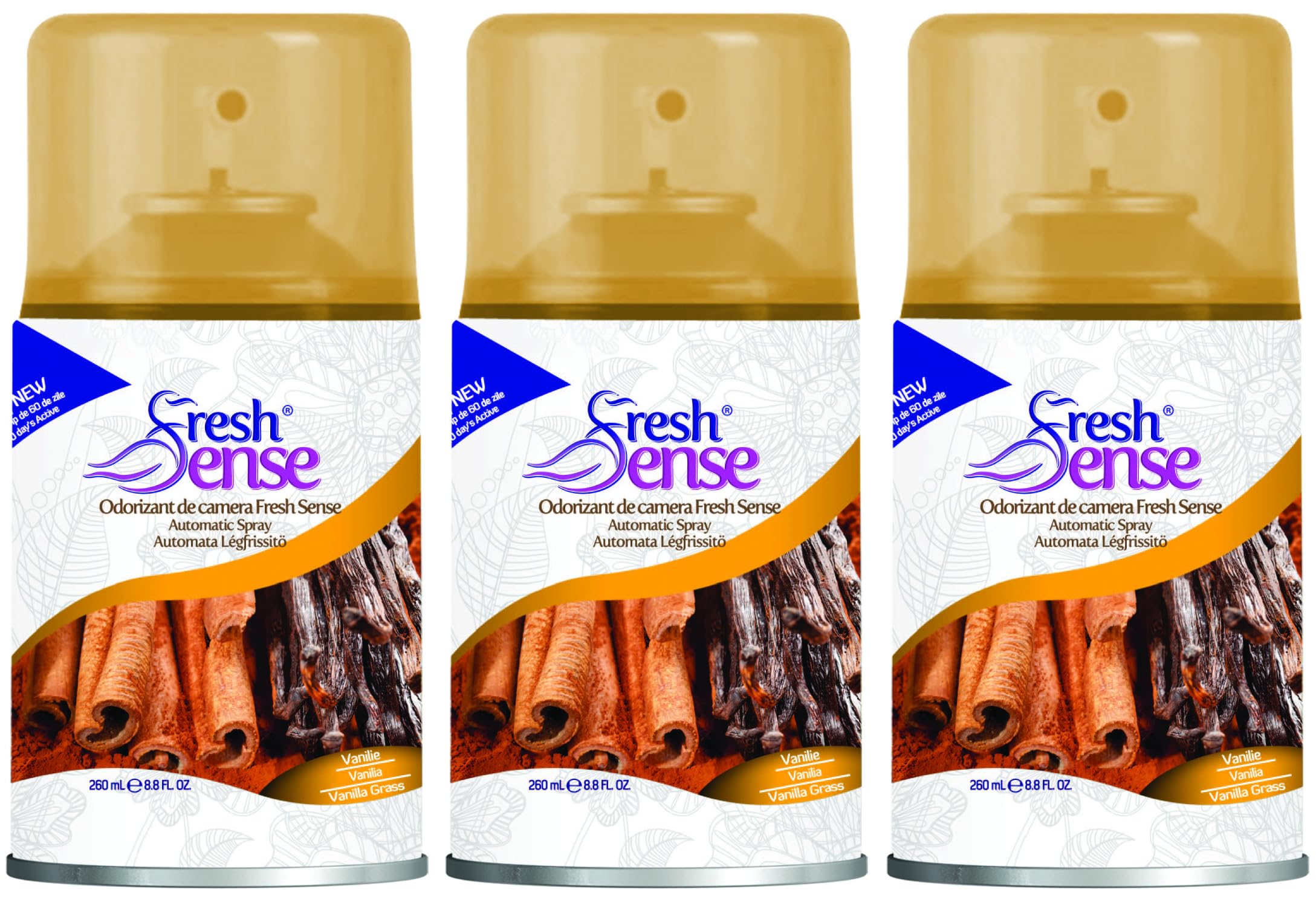 VANILLA Air Freshener Auto Spray Refill 260ml (PACK of 3) | FRESH SENSE | Long Lasting Room Fragrance for Home, Office, Bathroom, Toilet & Kitchen | Fits Any Automatic Freshener Gadget Machine